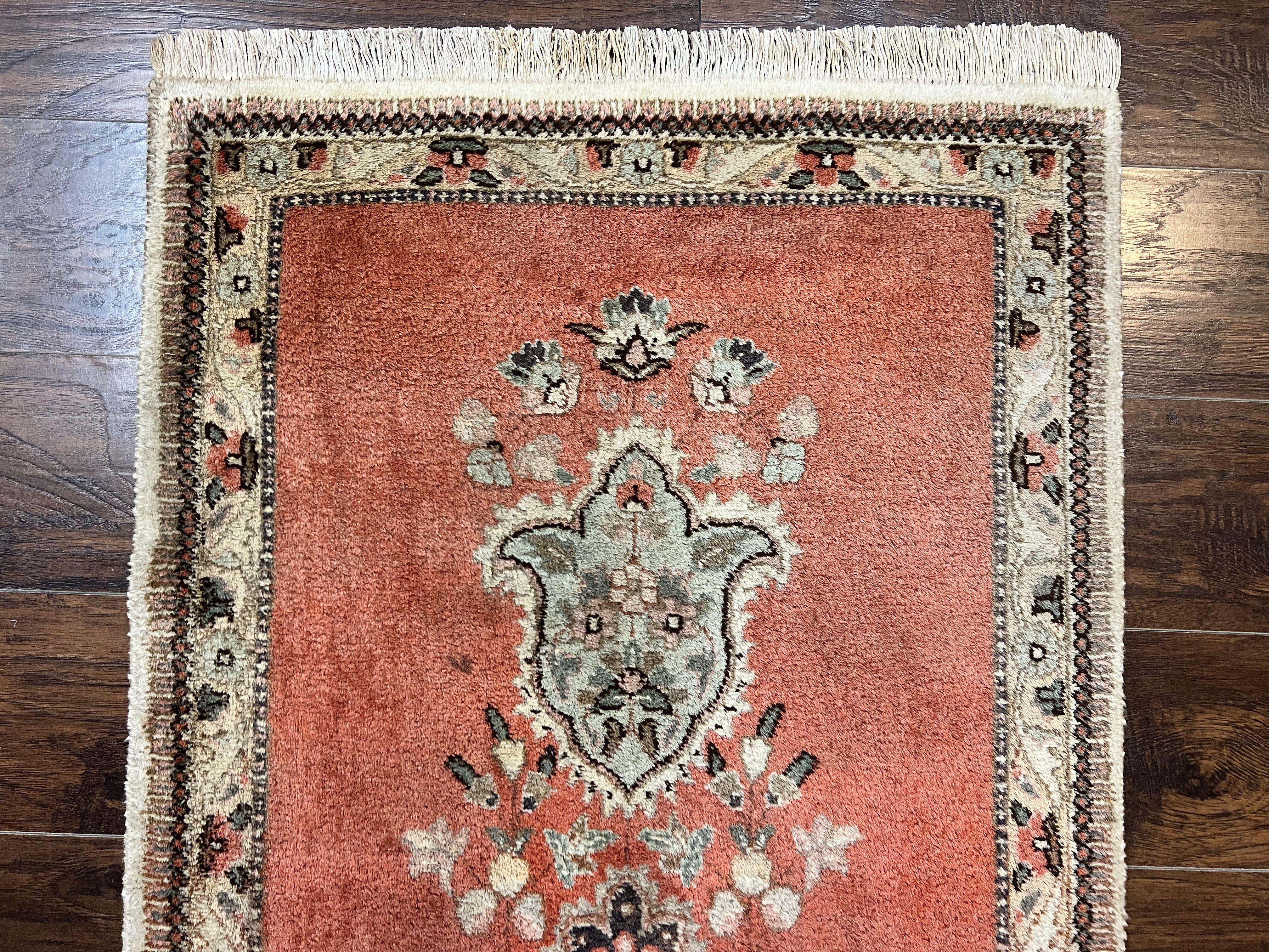 Persian Tabriz Runner Rug 3 x 12, Vintage Hand Knotted Wool Oriental Hallway Carpet, Light Red Beige Tan, Fine Weave, Semi Open Field, Traditional - Jewel Rugs