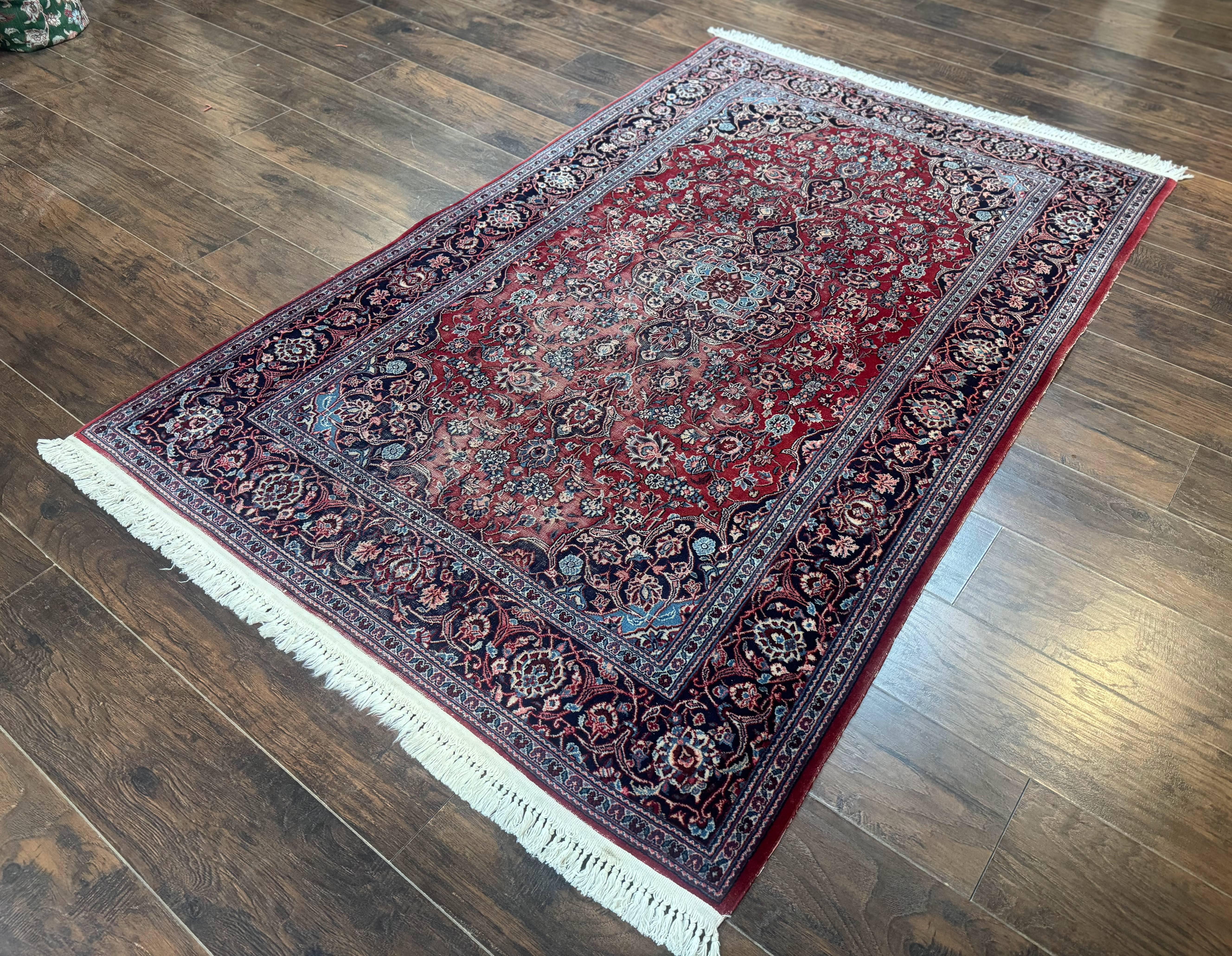 Antique Persian Kashan Rug 4x7, Red and Navy Blue, Floral Medallion, Traditional Oriental Carpet, Medium Low Pile - Jewel Rugs