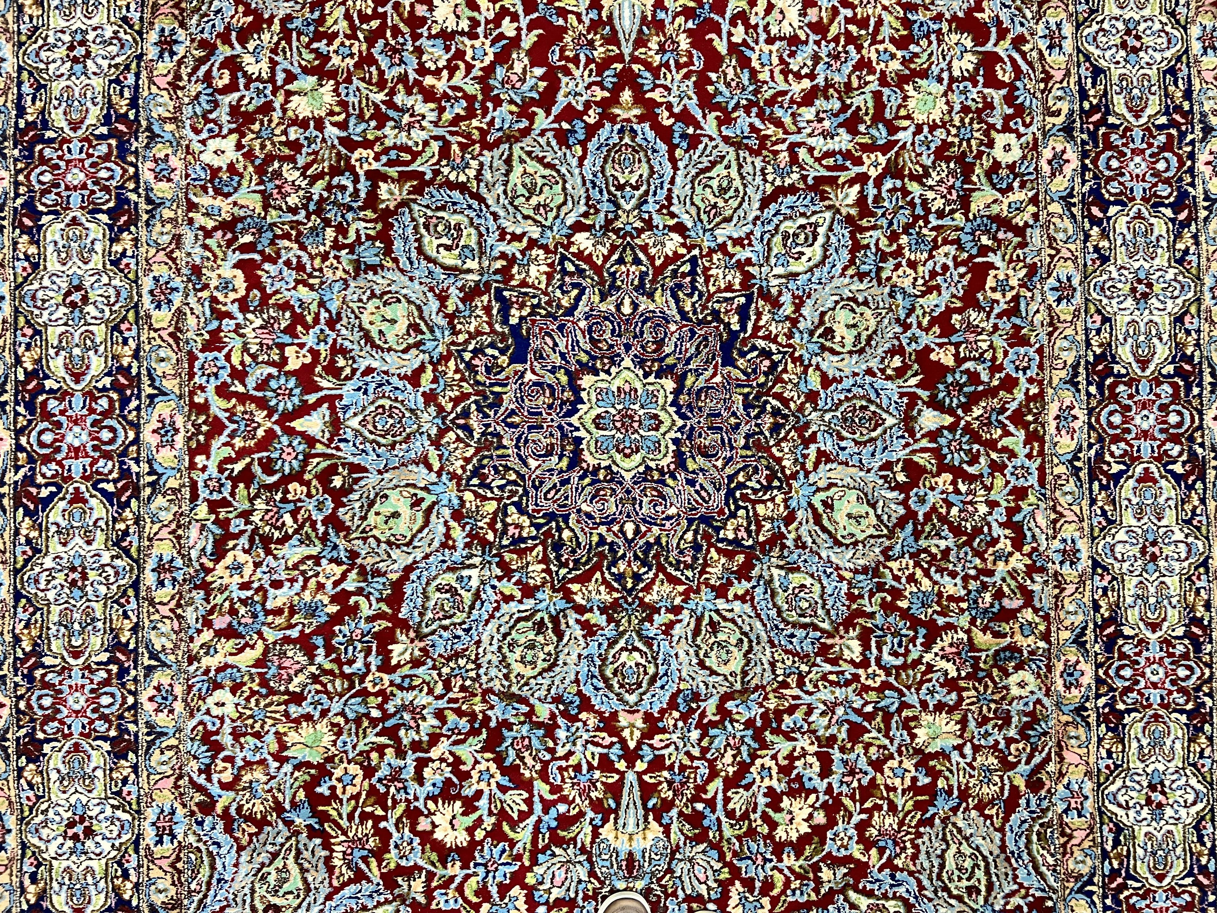 Persian Rug 7x10, Kirman Oriental Carpet 7 x 10 ft, Hand Knotted Wool Floral Medallion Semi Antique Persian Rug, Dark Red Light Blue Vintage - Jewel Rugs