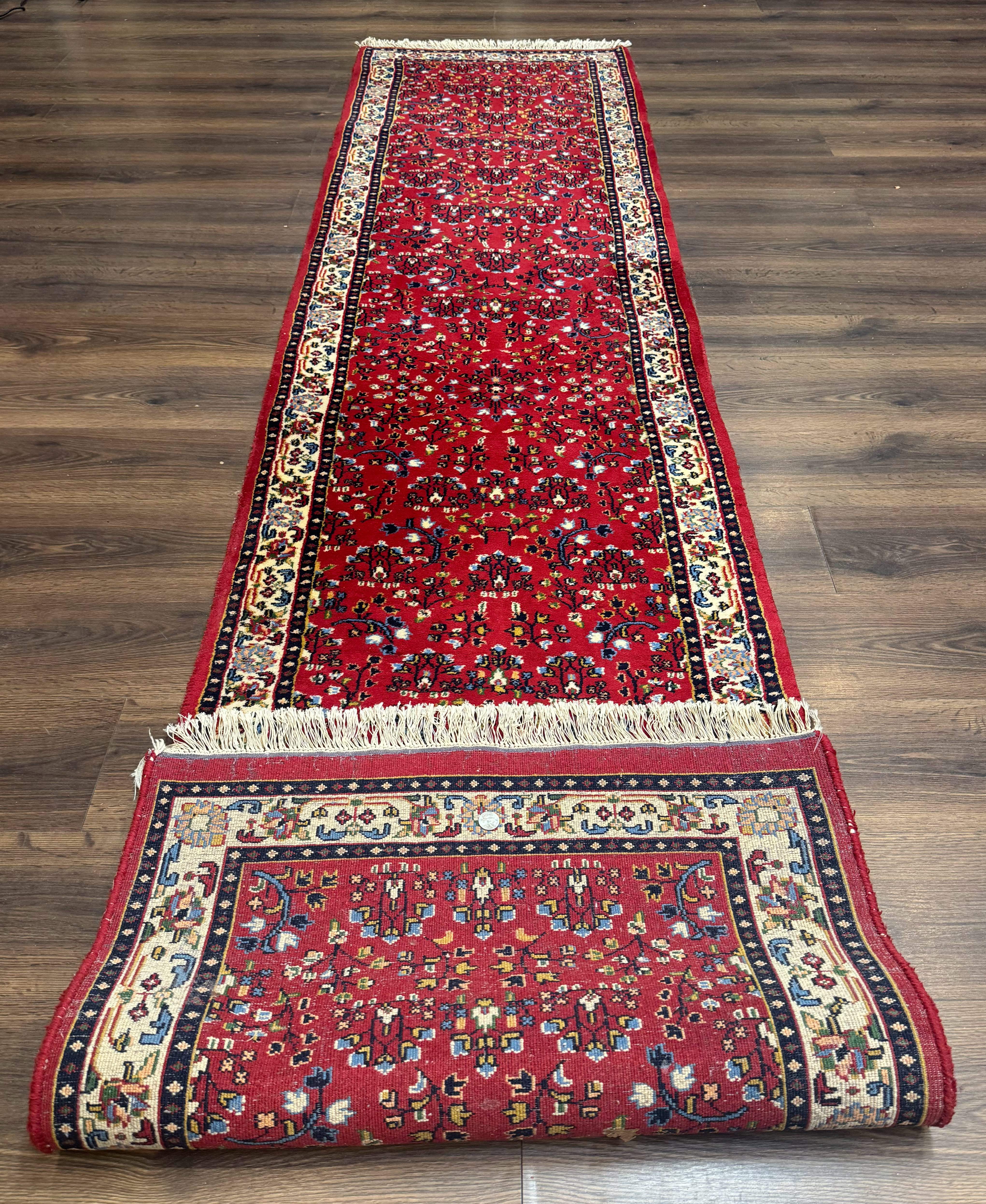 Indo Persian Sarouk Runner Rug 3 x 12, Red and Cream, Allover Pattern, 12ft Runner, Hand Knotted - Jewel Rugs