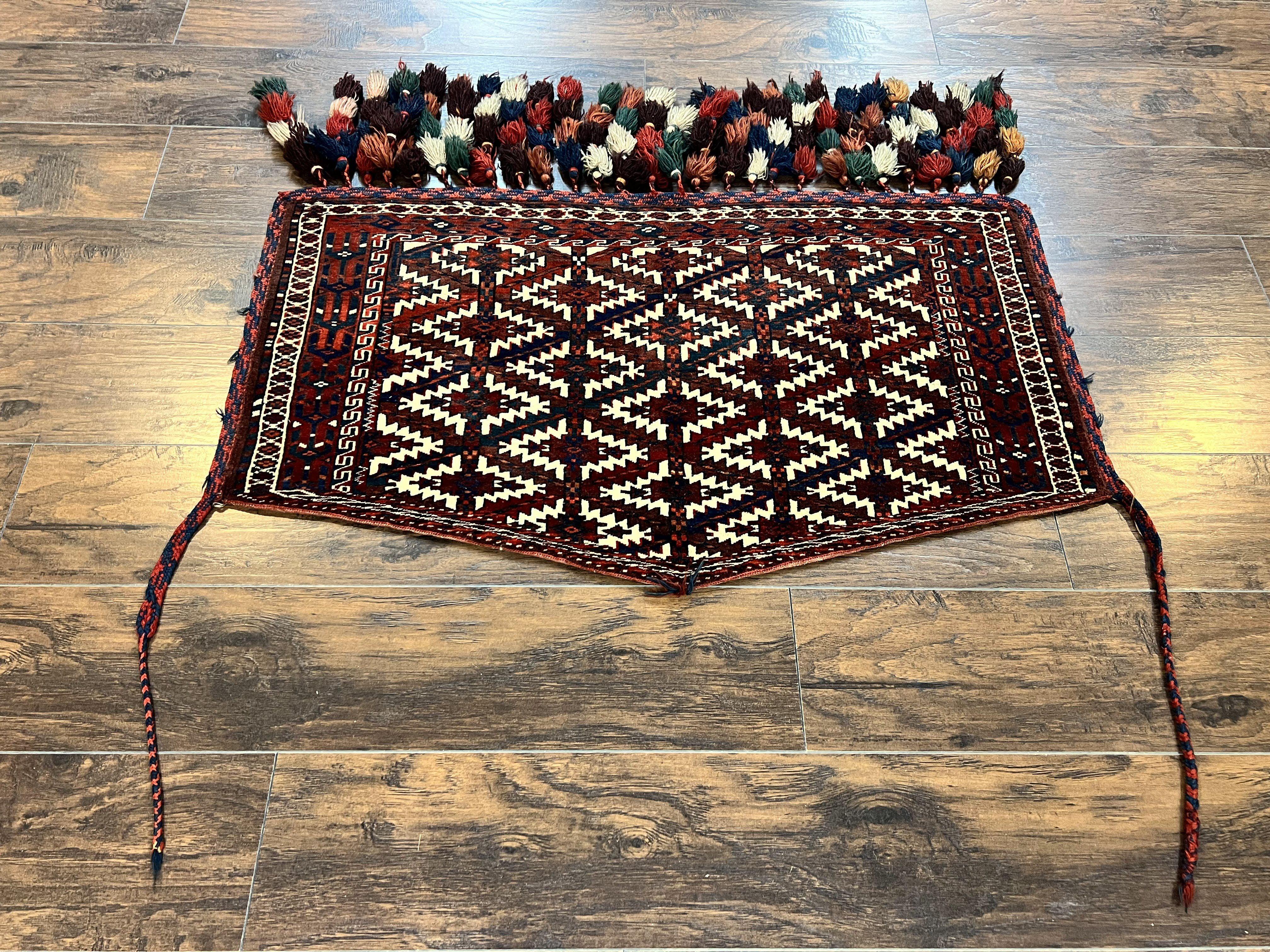 Antique Turkoman Camel Trapping, Turkoman Asmalyk, Red Black Ivory, Handmade, Hand Knotted Tribal Collectible Rug, Rare - Jewel Rugs