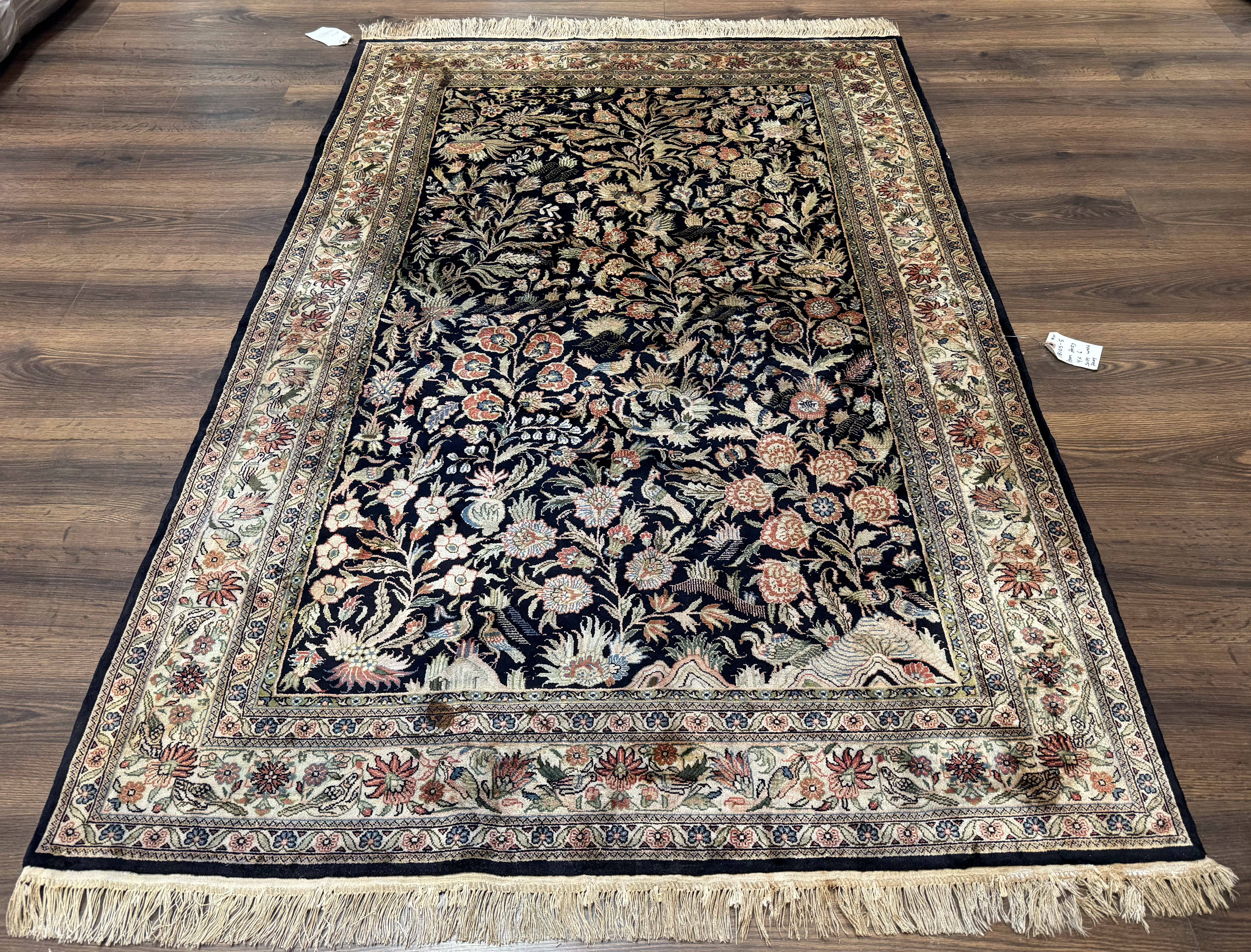 Silk Rug 4x6, Black and Cream, Floral & Bird Pictorials, Fine 330 KPSI, Sino Persian Rug - Jewel Rugs
