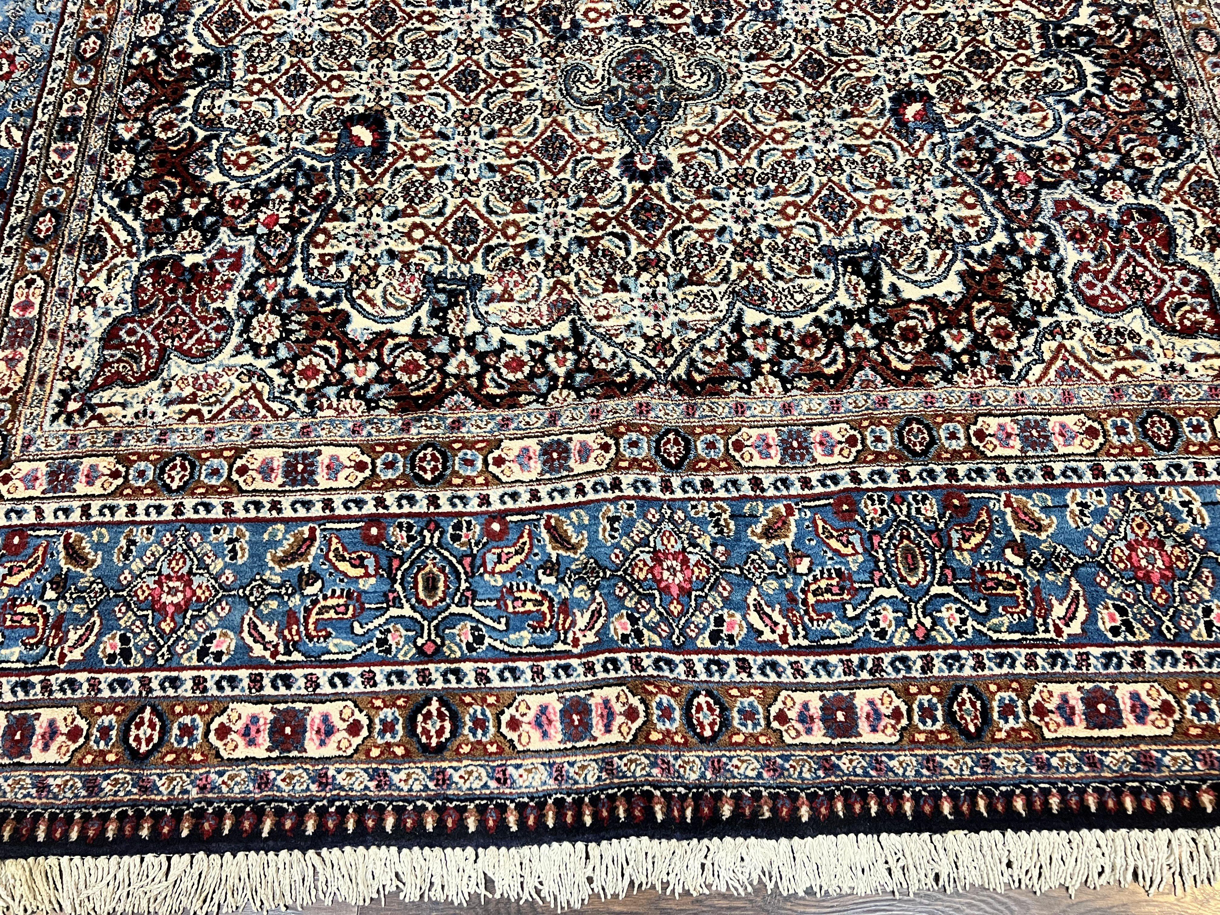 Persian Mashad Rug 7x10, Floral Medallion, Wool Hand Knotted Vintage Oriental Carpet, Blue & Ivory, Traditional Room Sized Rug - Jewel Rugs