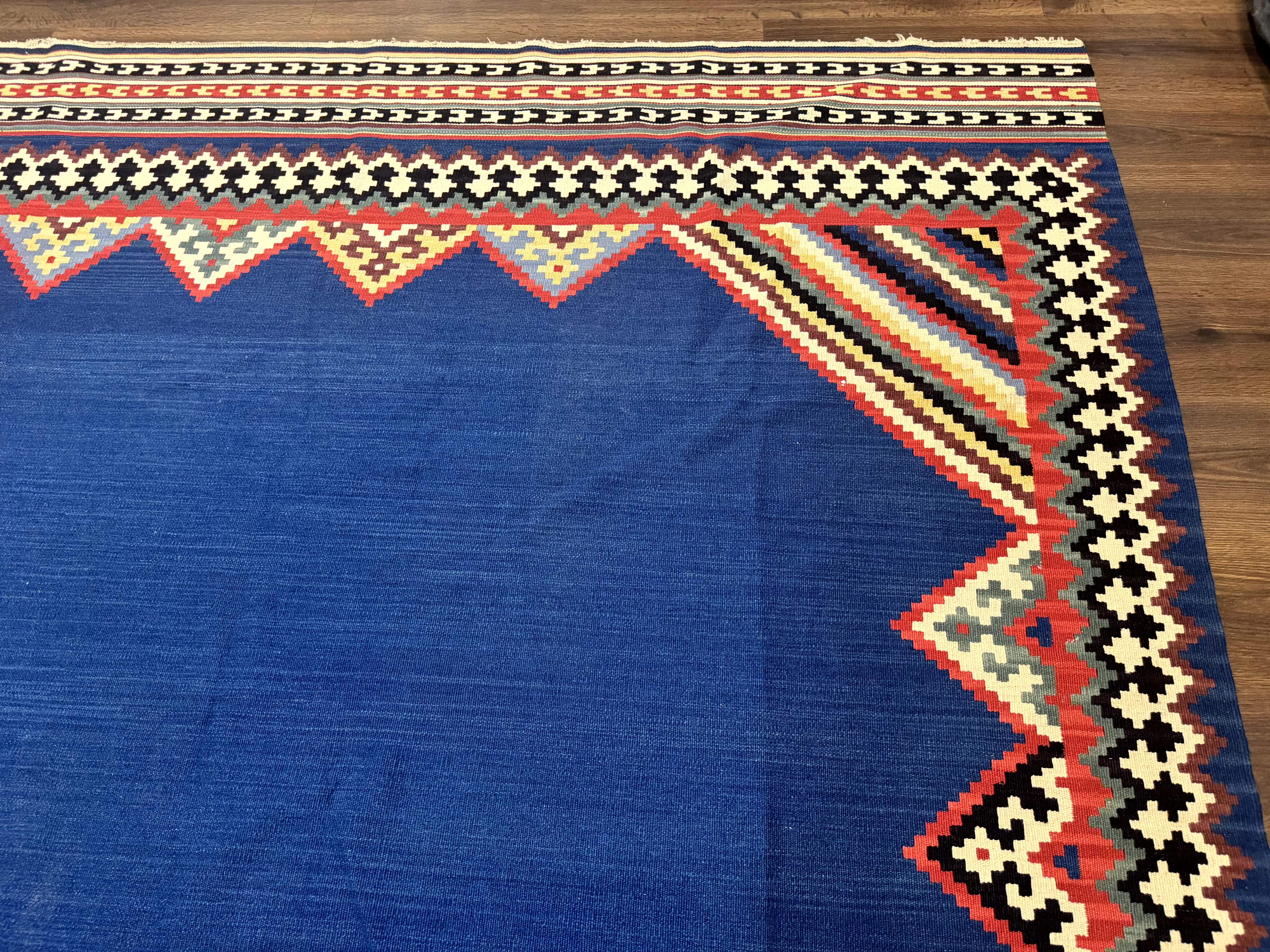 Persian Shiraz Tribal Kilim Rug 8x10, Large Blue Open Field, Bohemian, Colorful - Jewel Rugs