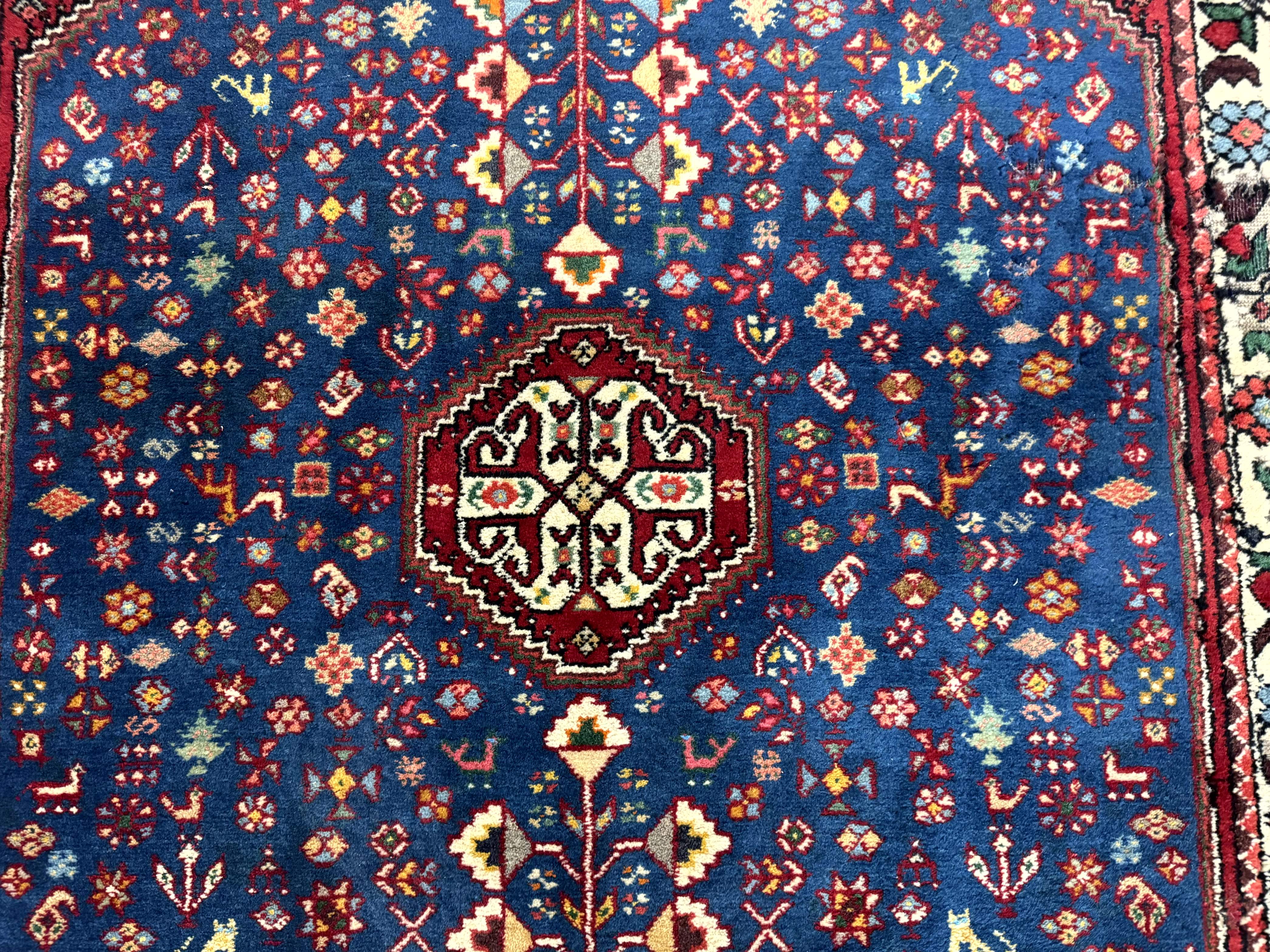 Persian Shiraz Tribal Rug 3x5 – Blue and Red, Wool, Animal Pictorials - Jewel Rugs