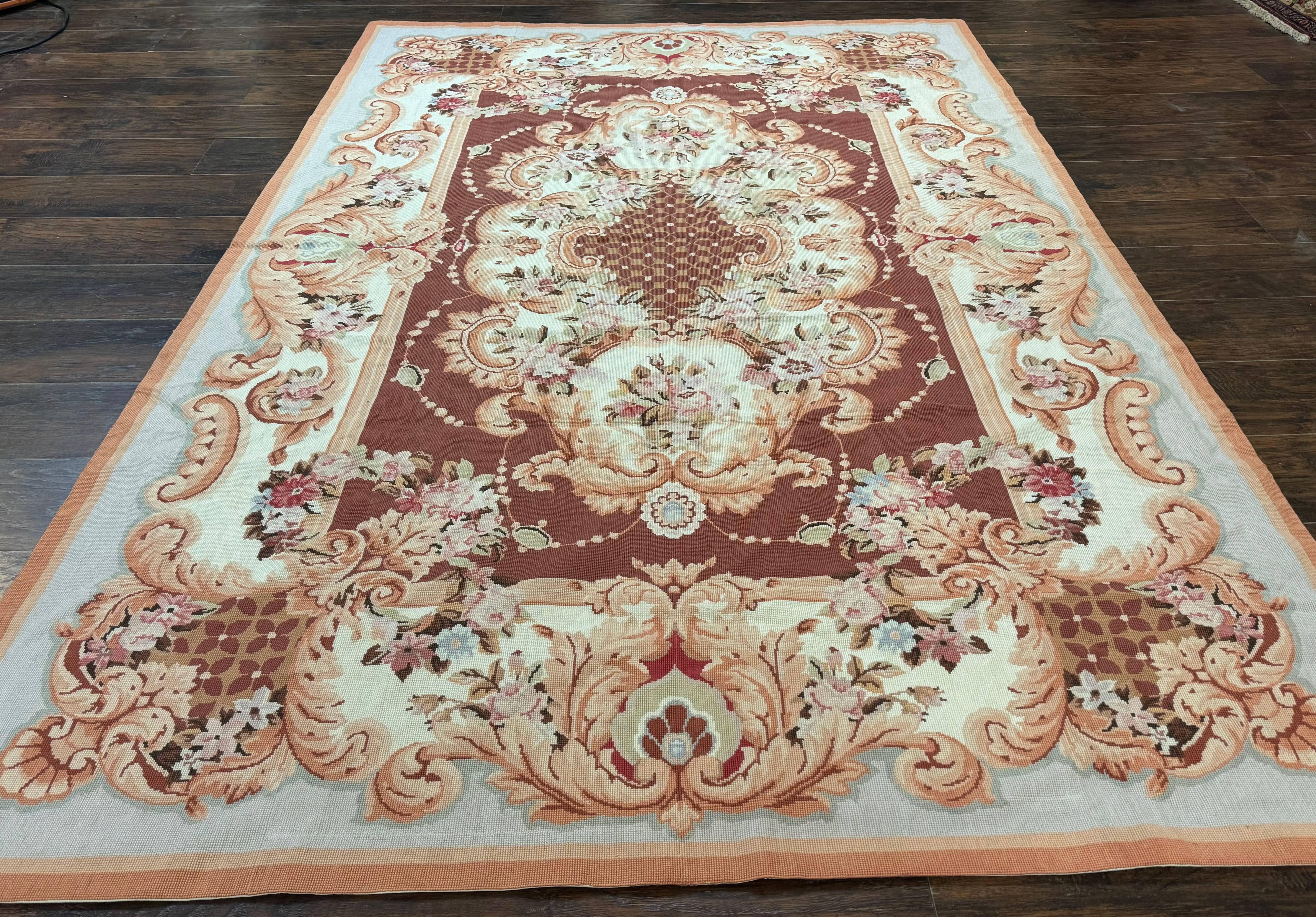 Vintage Needlepoint Rug 6x9, Aubusson Rug, Flatweave Wool Elegant Carpet, Medium Size, French European Design - Jewel Rugs