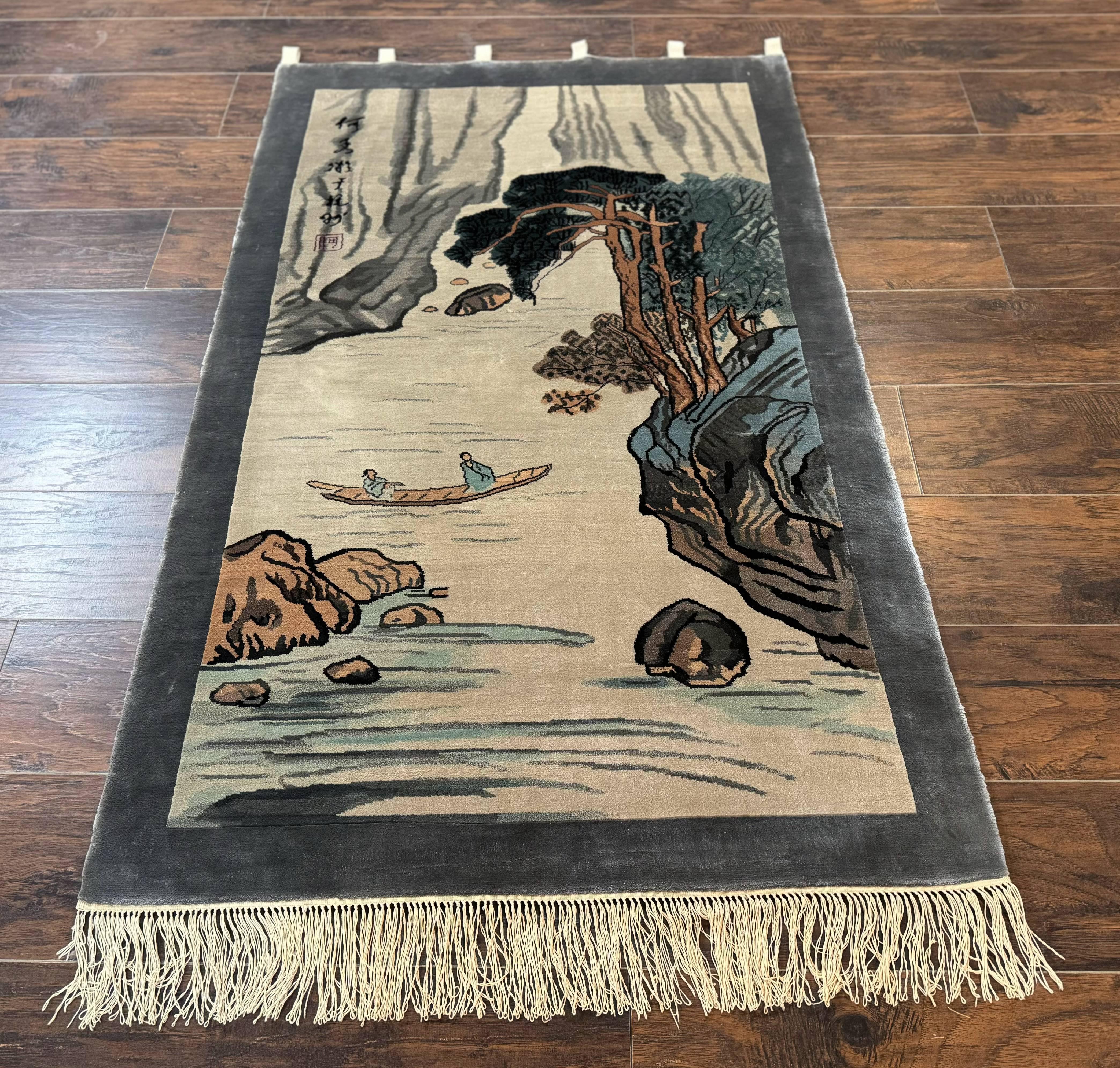 Chinese Silk Wall Hanging 3x5, Handmade, River and Boat Scene, Rug Tapestry - Jewel Rugs
