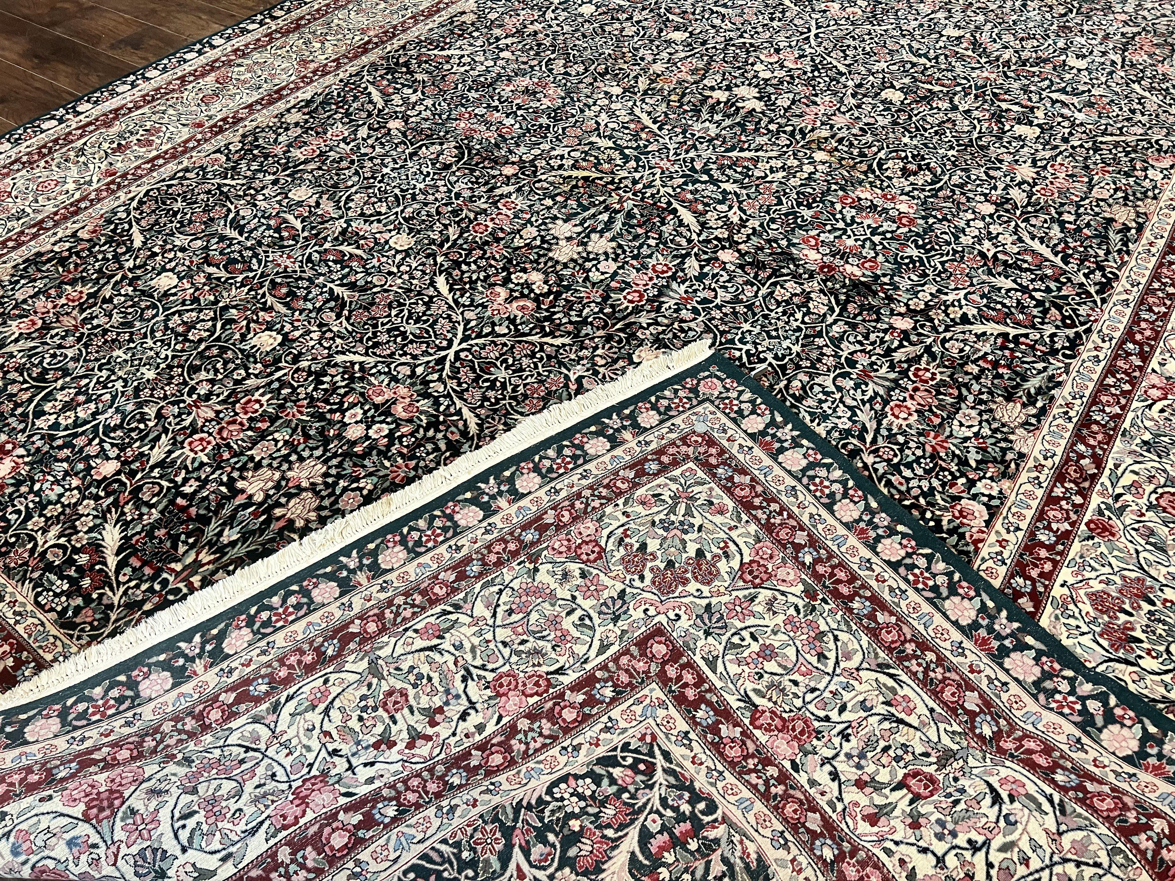 Large Sino Persian Rug 10x14, Wool Hand Knotted Vintage Carpet, Dark Green & Beige, Kirman Floral Rug, Fine Weave, Traditional, Large - Jewel Rugs