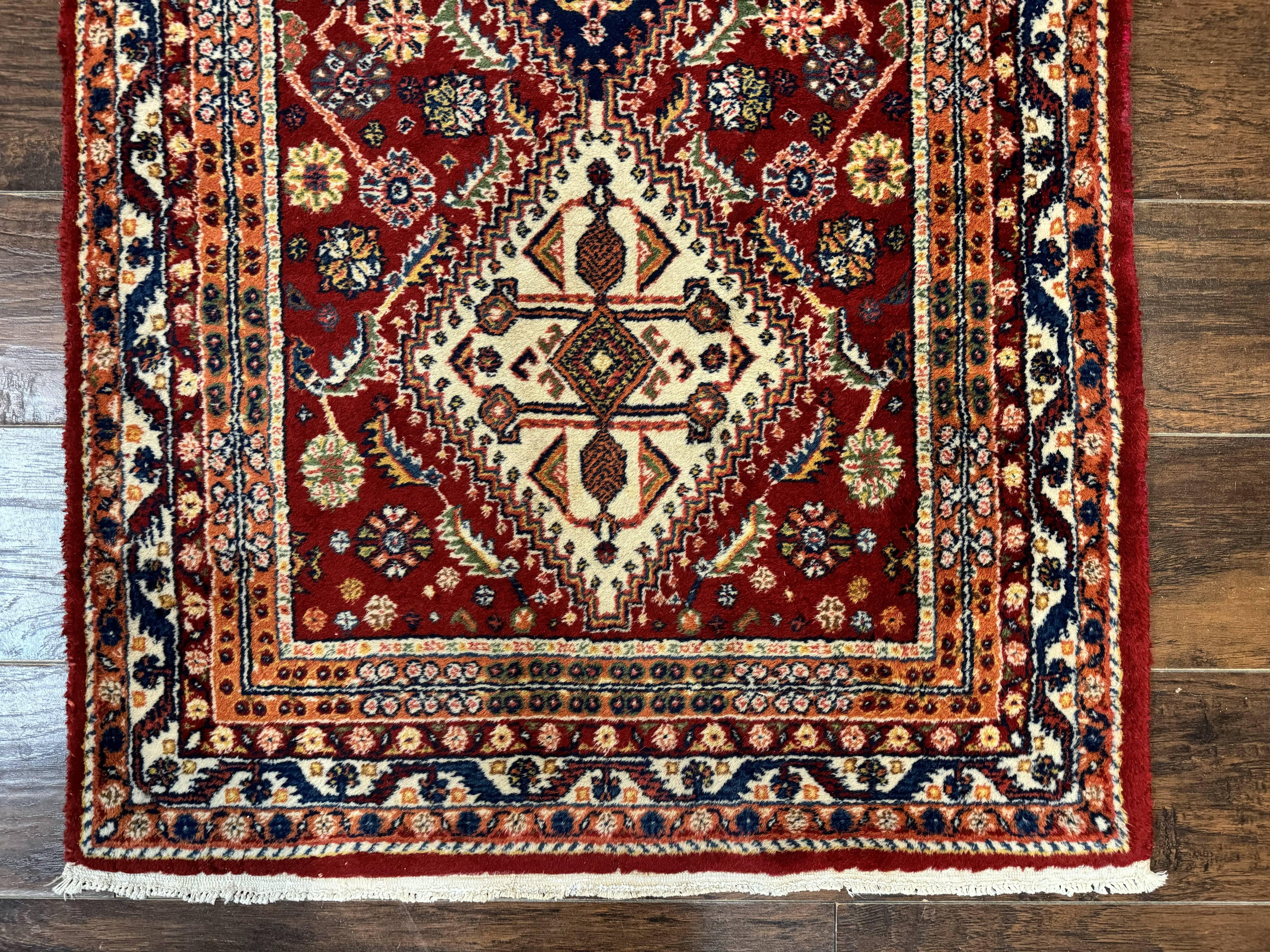 Antique Persian Qashqai Runner Rug 3 x 13 ft, Tribal Runner, Geometric Medallions, Red Ivory Blue, Wool - Jewel Rugs