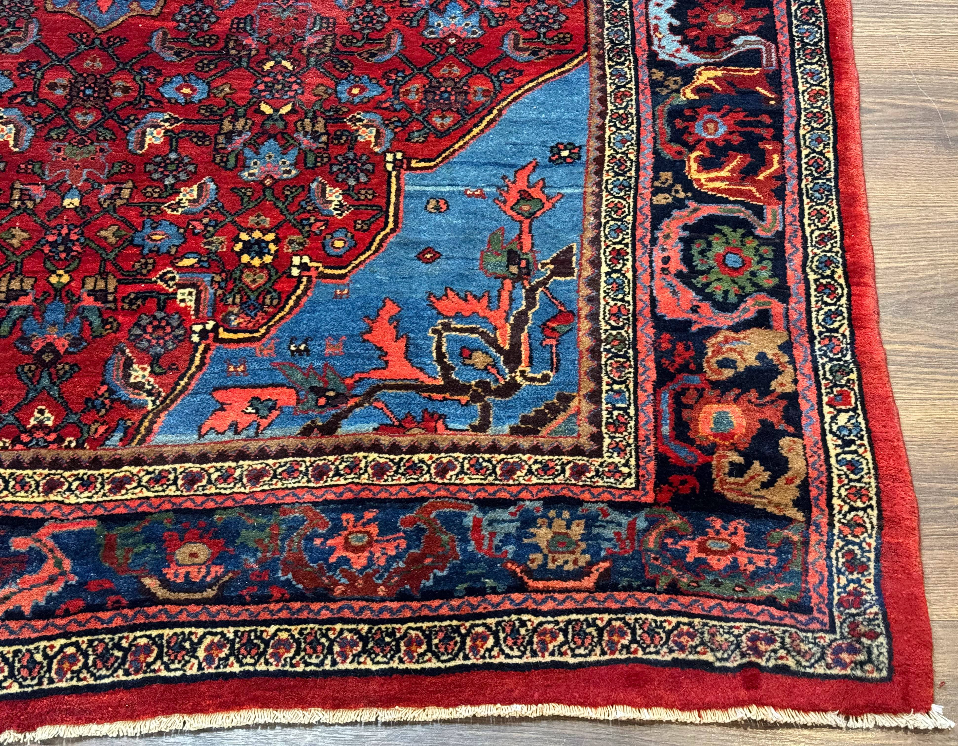 Antique Persian Bijar Rug 5x8, Red and Navy Blue, Medallion and Corner Design - Jewel Rugs