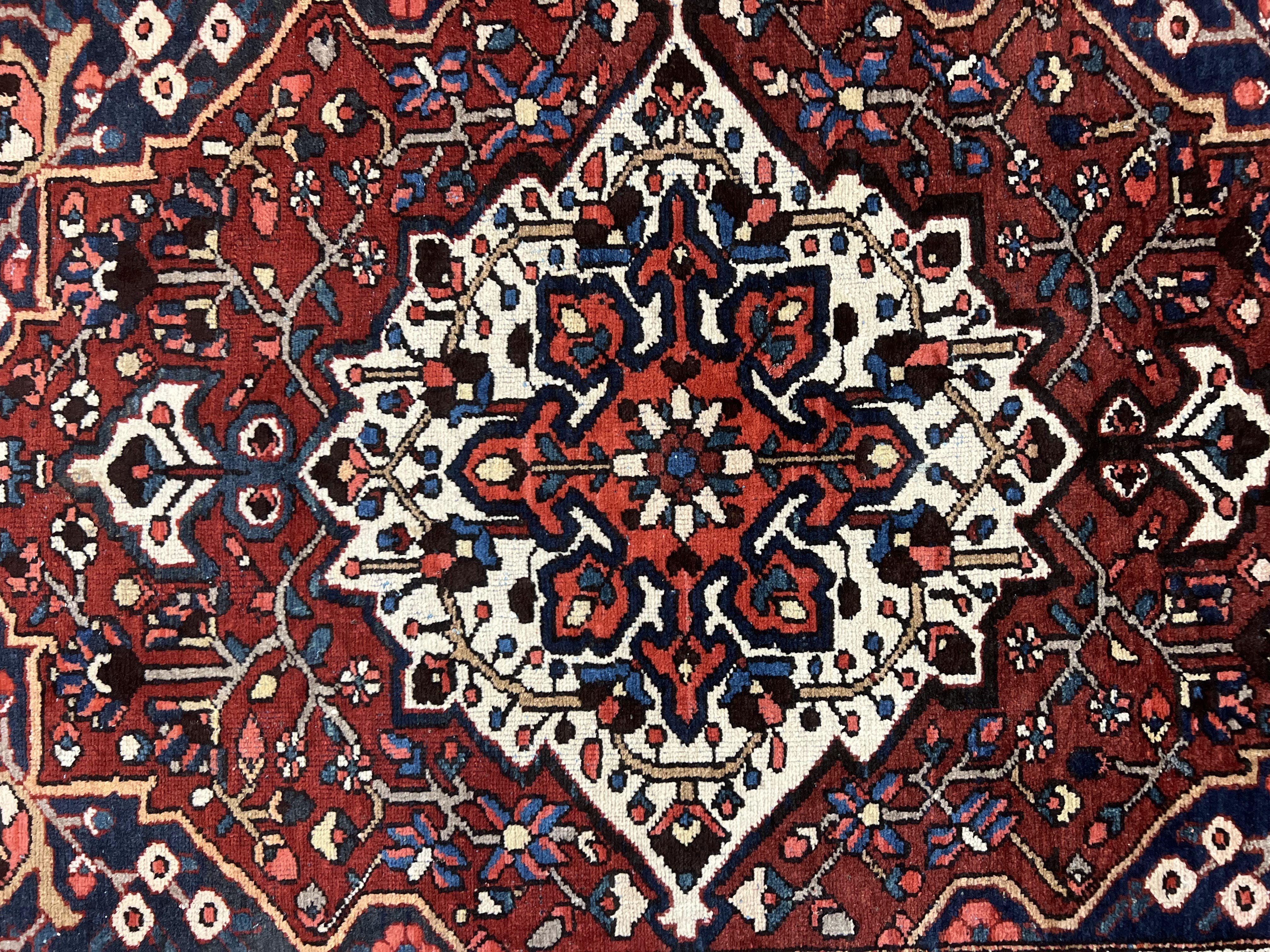 Persian Bakhtiari Rug 5 x 6.6, Tribal Geometric Carpet, Red Ivory, Handmade Wool Medium Sized Oriental Rug, Semi Antique Vintage - Jewel Rugs