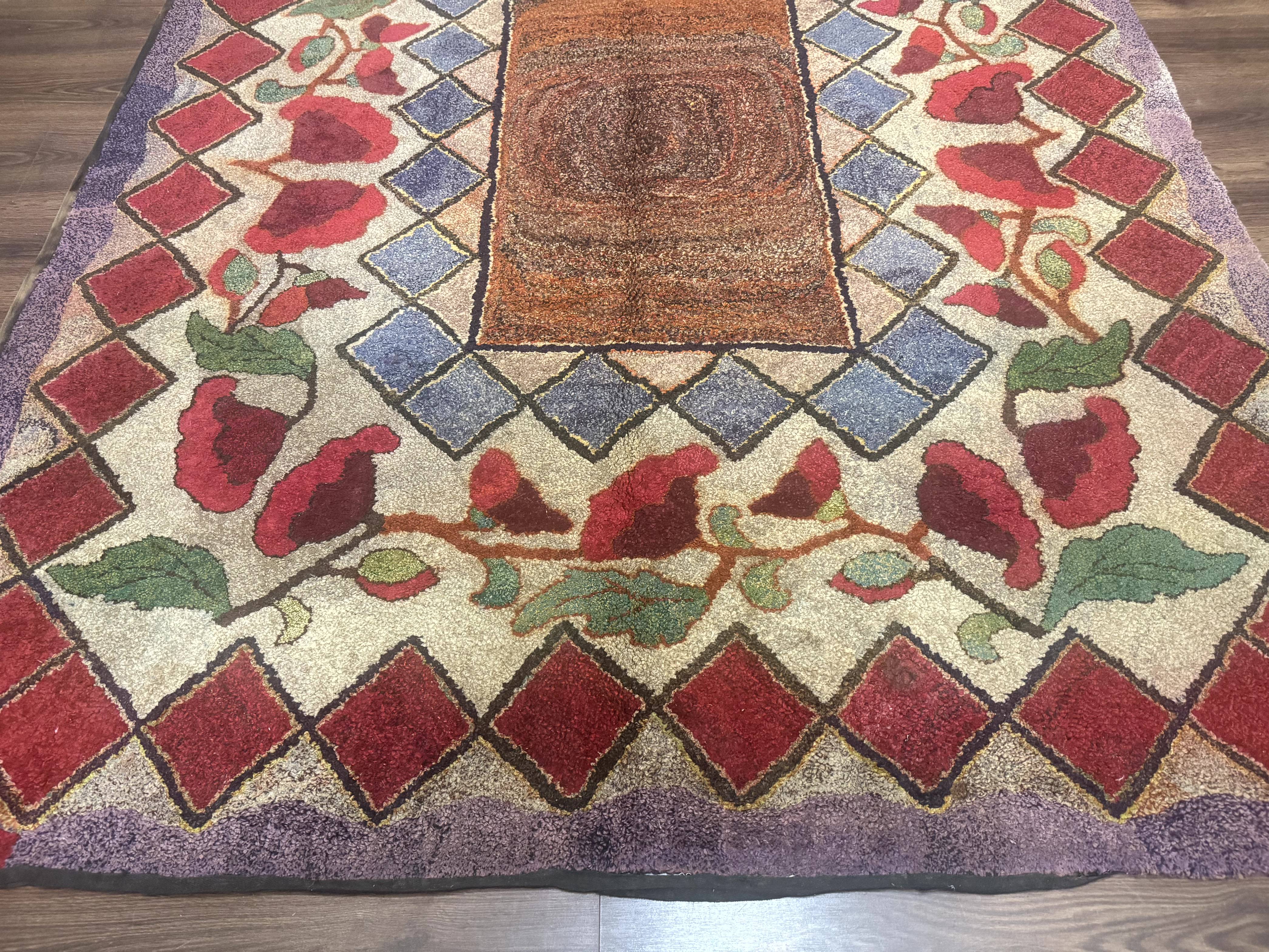 Vintage American Hooked Rug 6x7, Unique Colors, Red Lavender Cream, Abstract - Jewel Rugs
