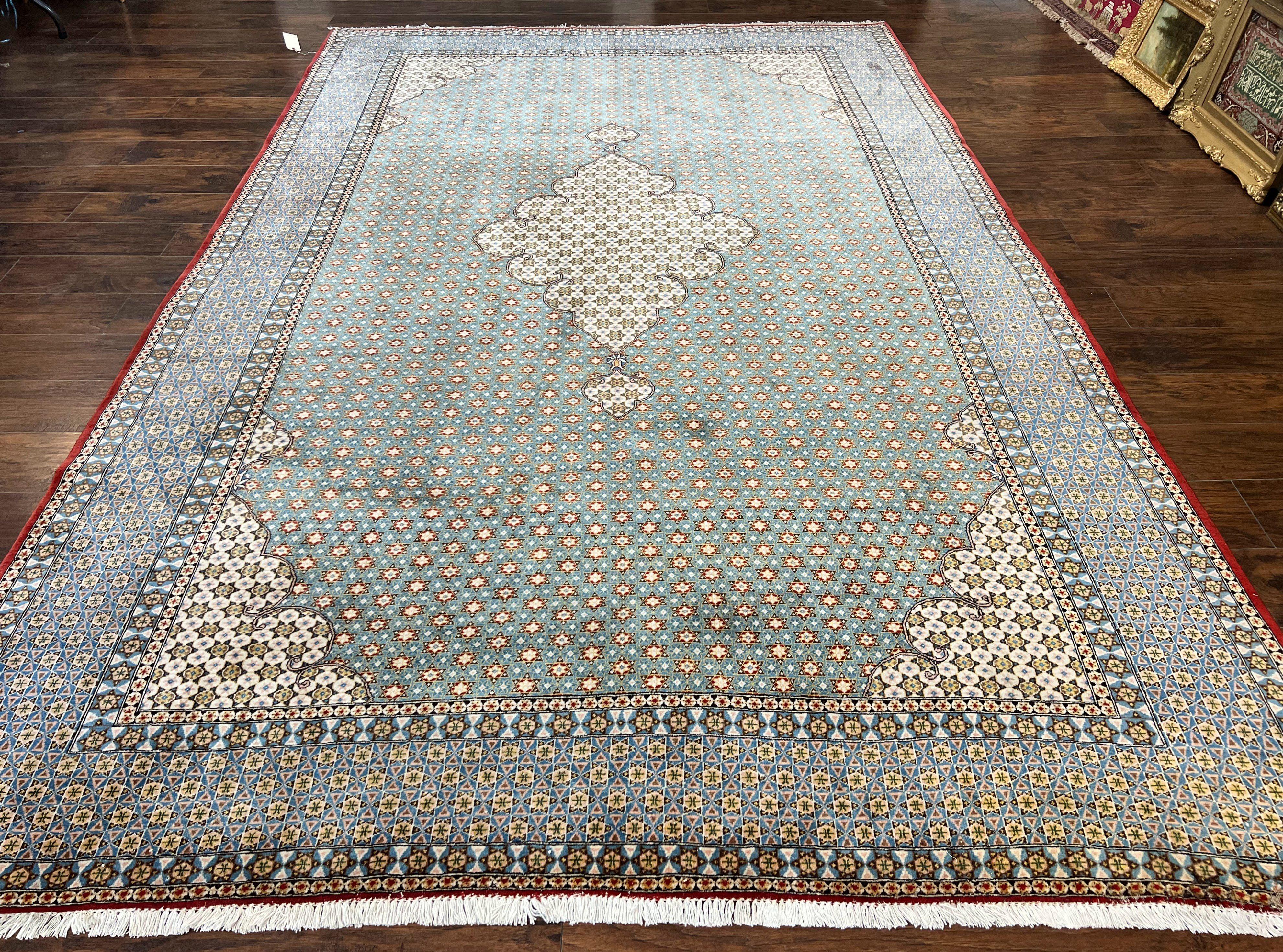 Rare Persian Rug 8x12, Qum Rug, Repeated Star Motifs, Blue and Ivory, Fine 300 KPSI, Hand Knotted Handmade Vintage Wool Rug - Jewel Rugs