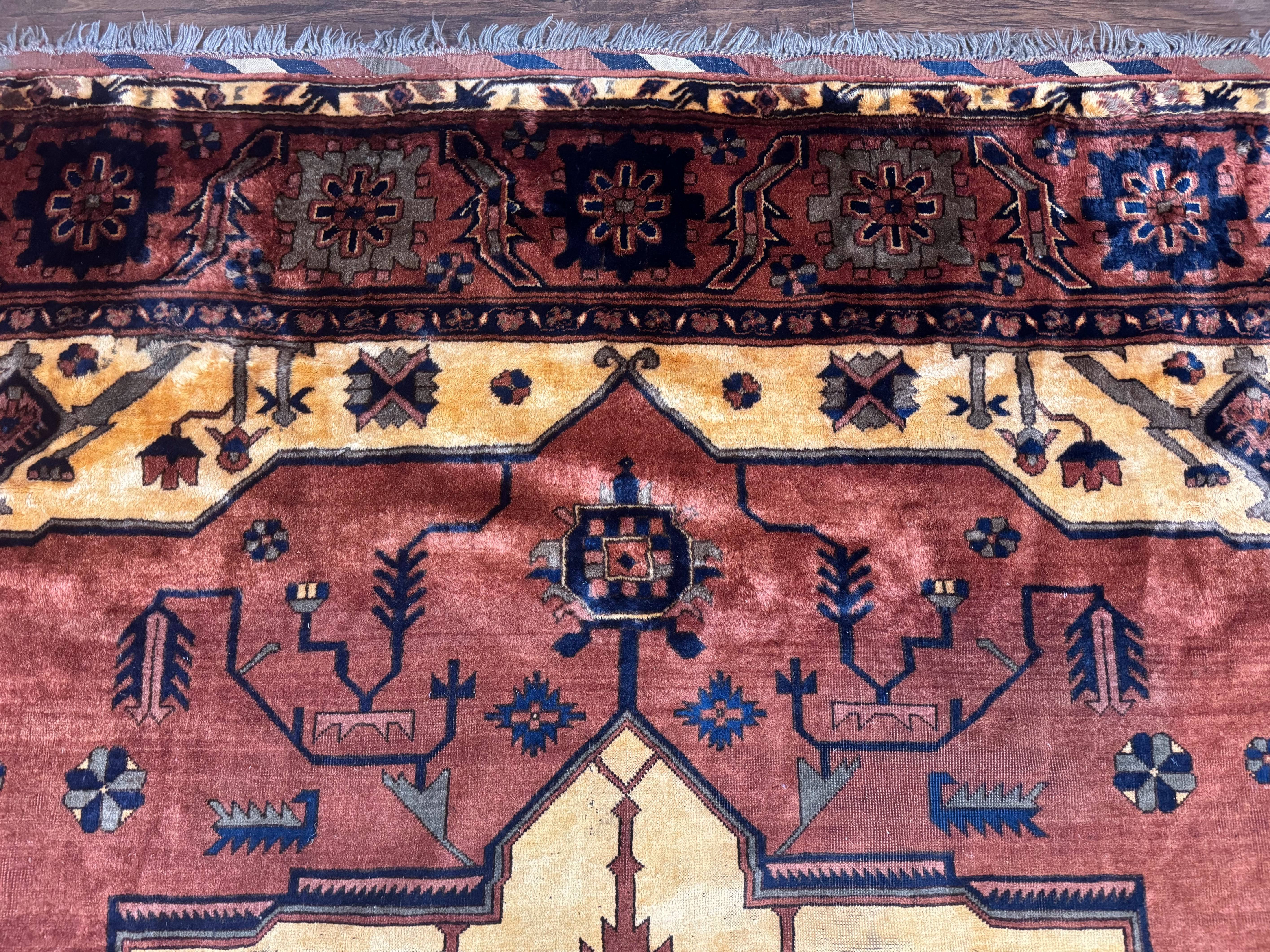 Afghan Heriz Rug 9x12, Tribal Geometric Serapi Carpet, Rust Cream and Navy, Wool on Wool - Jewel Rugs