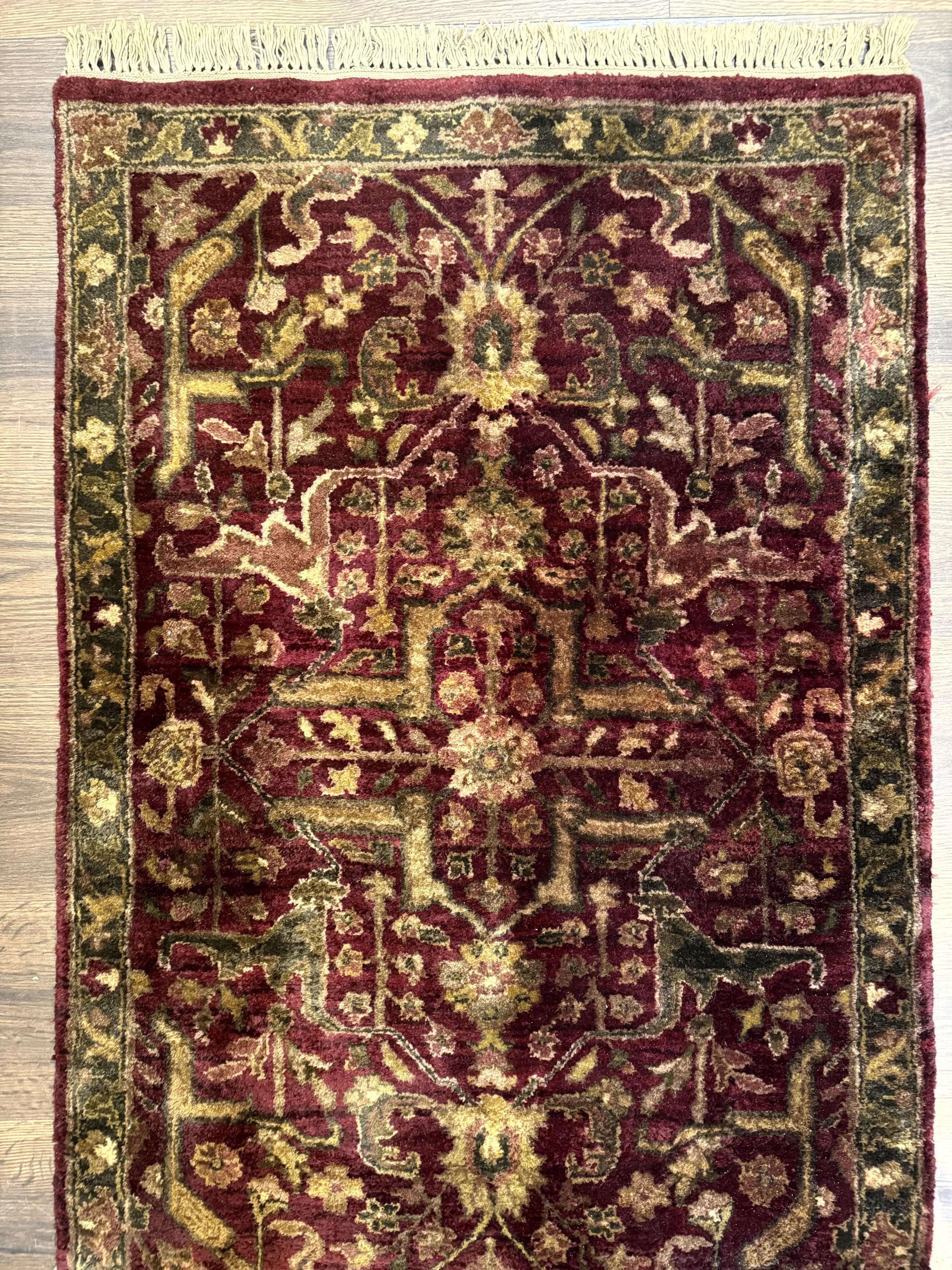 Indo Persian Runner Rug 2.7 x 13.8, Maroon, Wool, Handmade Indian Rug for Hallway - Jewel Rugs