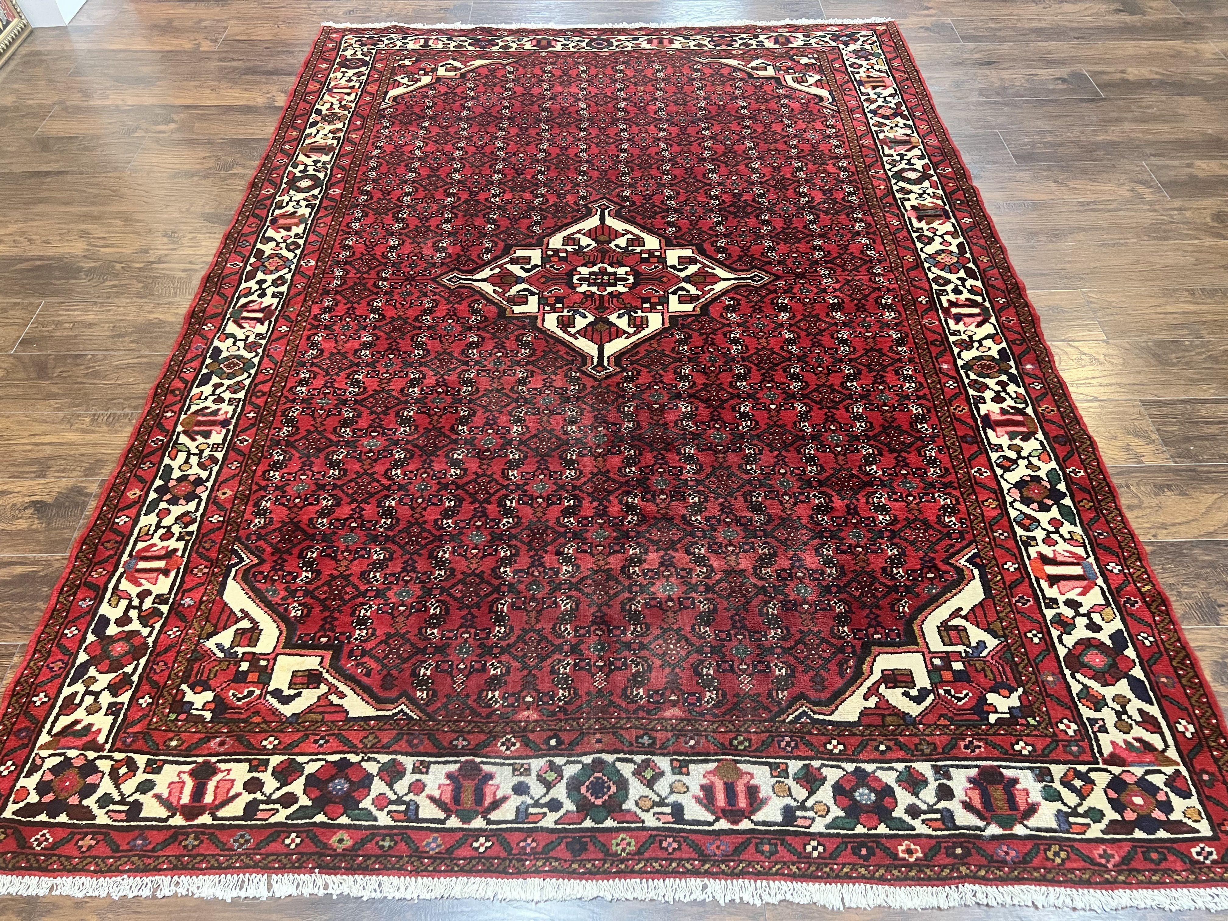 Persian Tribal Rug 7x10, Wool Handmade Semi Antique Vintage Hamadan Dargazine Carpet, Red & Ivory Allover Floral Medallion Rug, 7 x 10 Room Sized Oriental Rug - Jewel Rugs