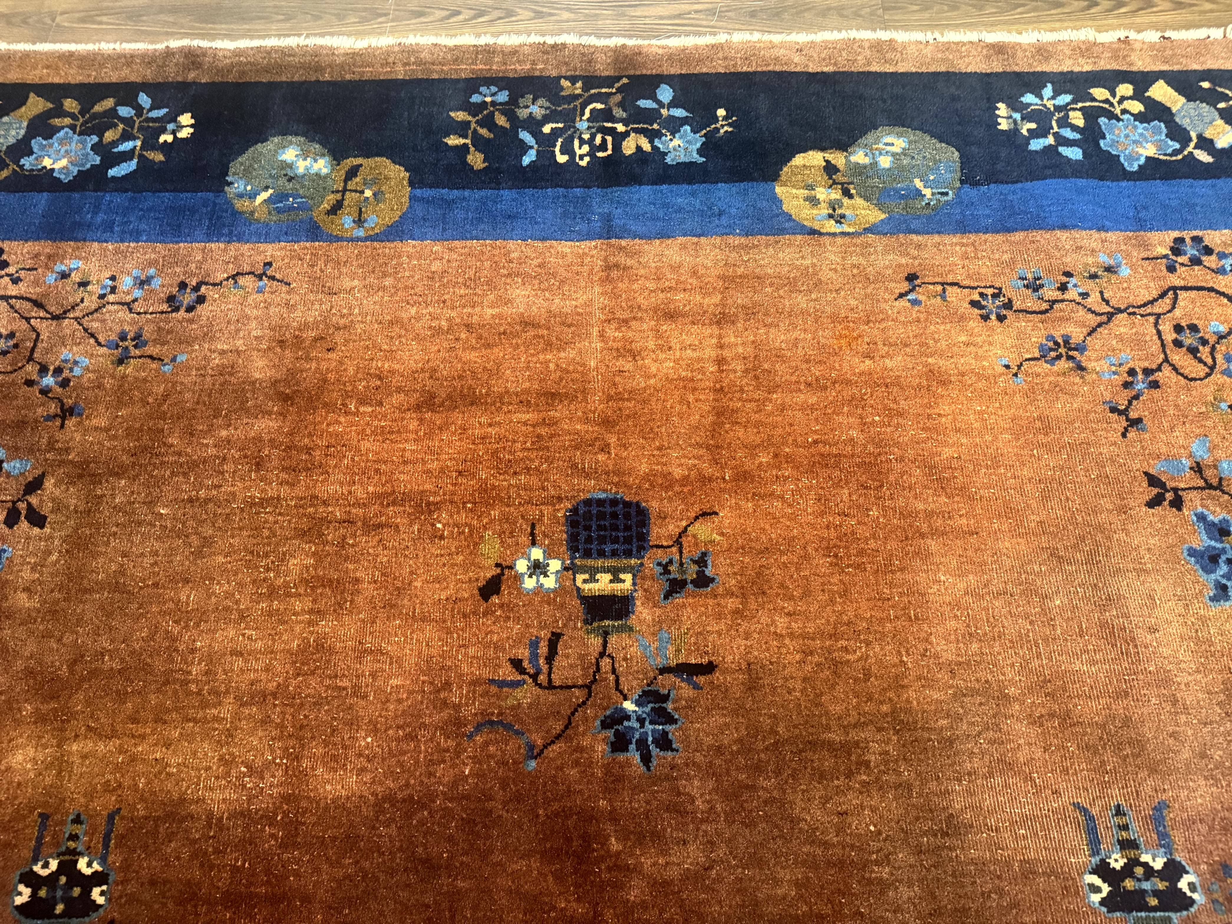 Antique Chinese Wool Rug 9x12, Light Brown and Navy Blue, Fete Peking Art Deco - Jewel Rugs