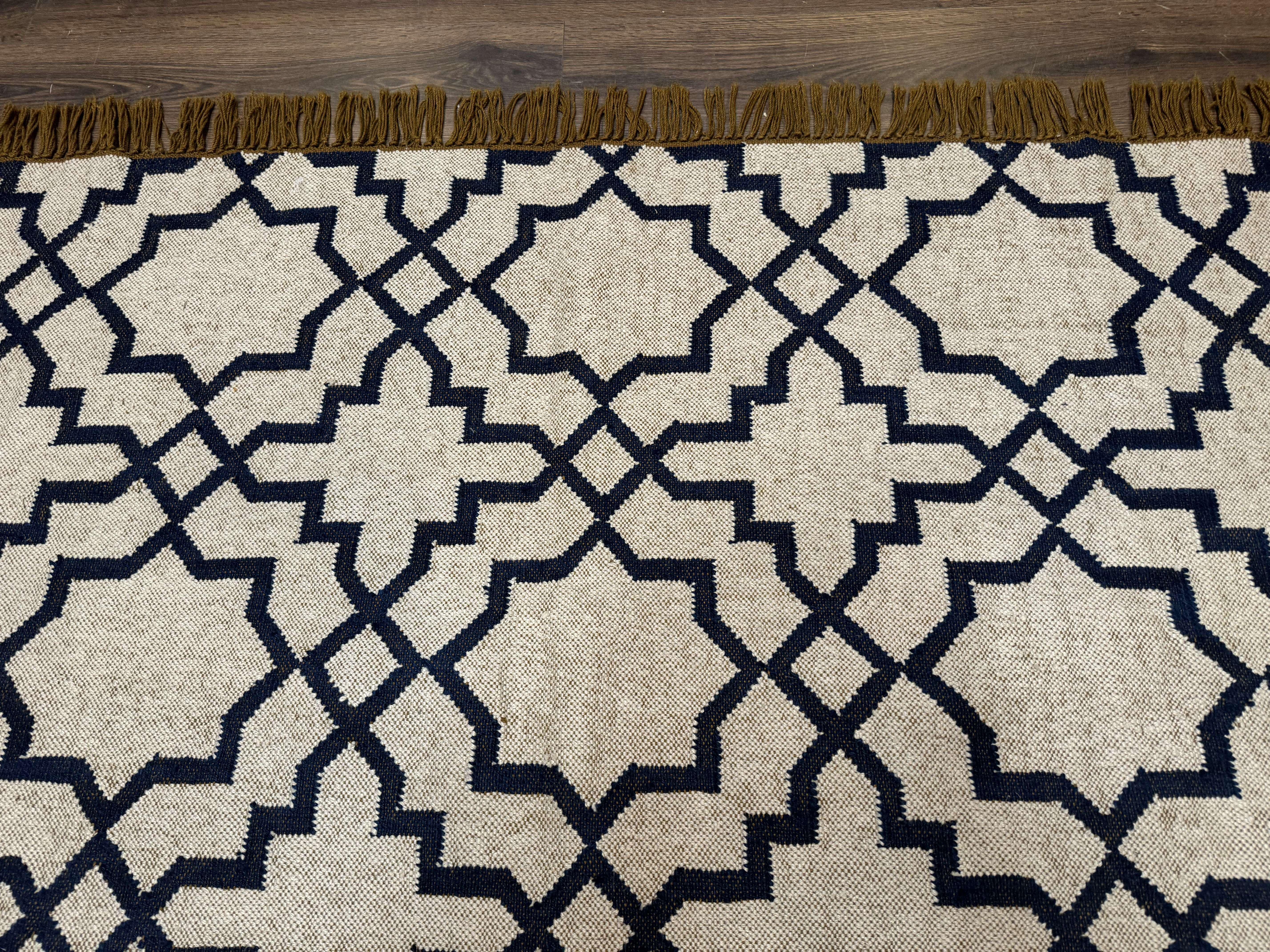 Indian Kilim Rug 8x10, Oat and Navy Blue, Dhurrie Carpet, Handmade, Wool - Jewel Rugs