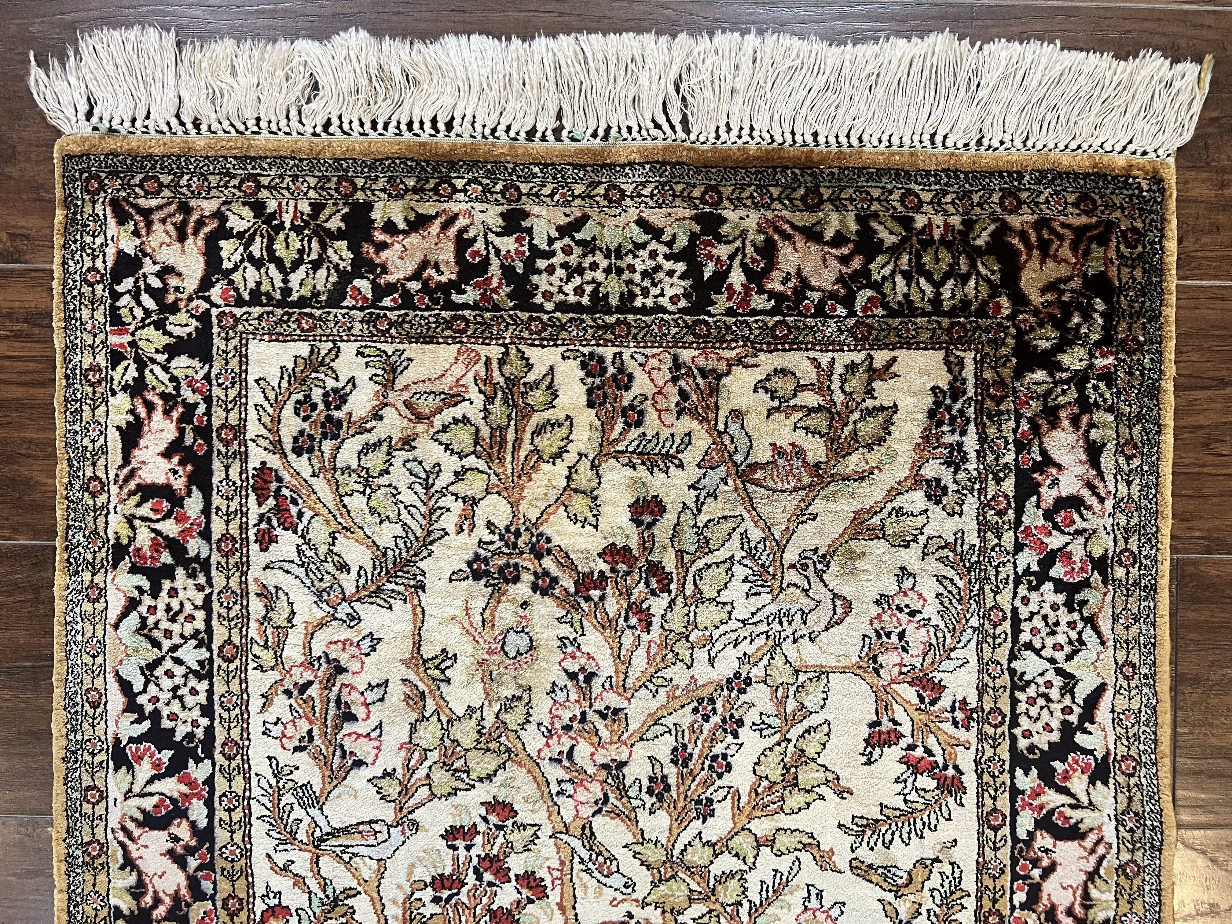 Silk Tree of Life Persian Qum Rug 3x4, Hand Knotted Vintage Carpet, Cream & Black, Very Fine Oriental Rug, Animal Pictorials, Birds - Jewel Rugs