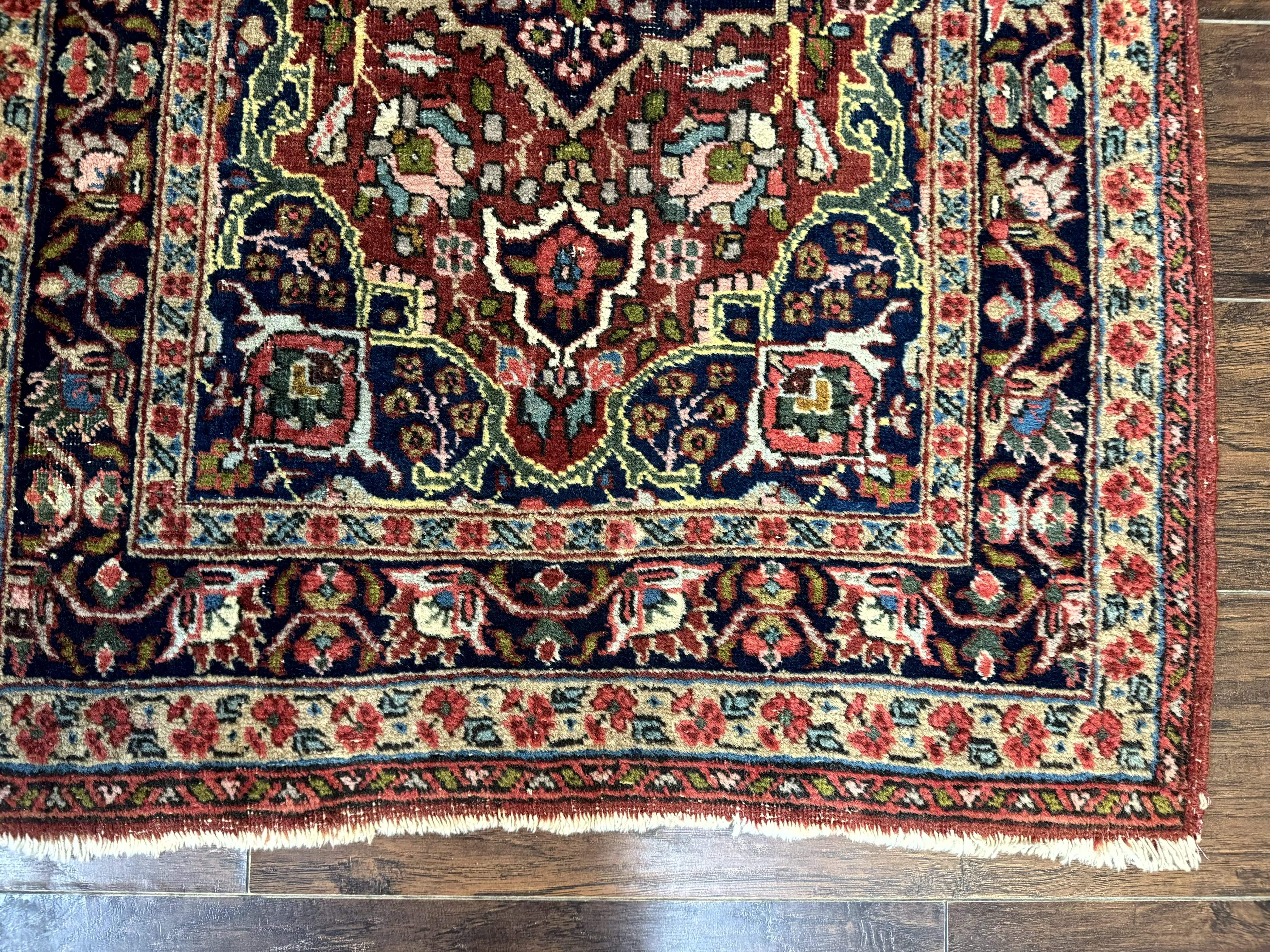 Antique Persian Tabriz Rug 3x5, Brick Red Navy Blue, Floral Medallion, Small Persian Carpet - Jewel Rugs