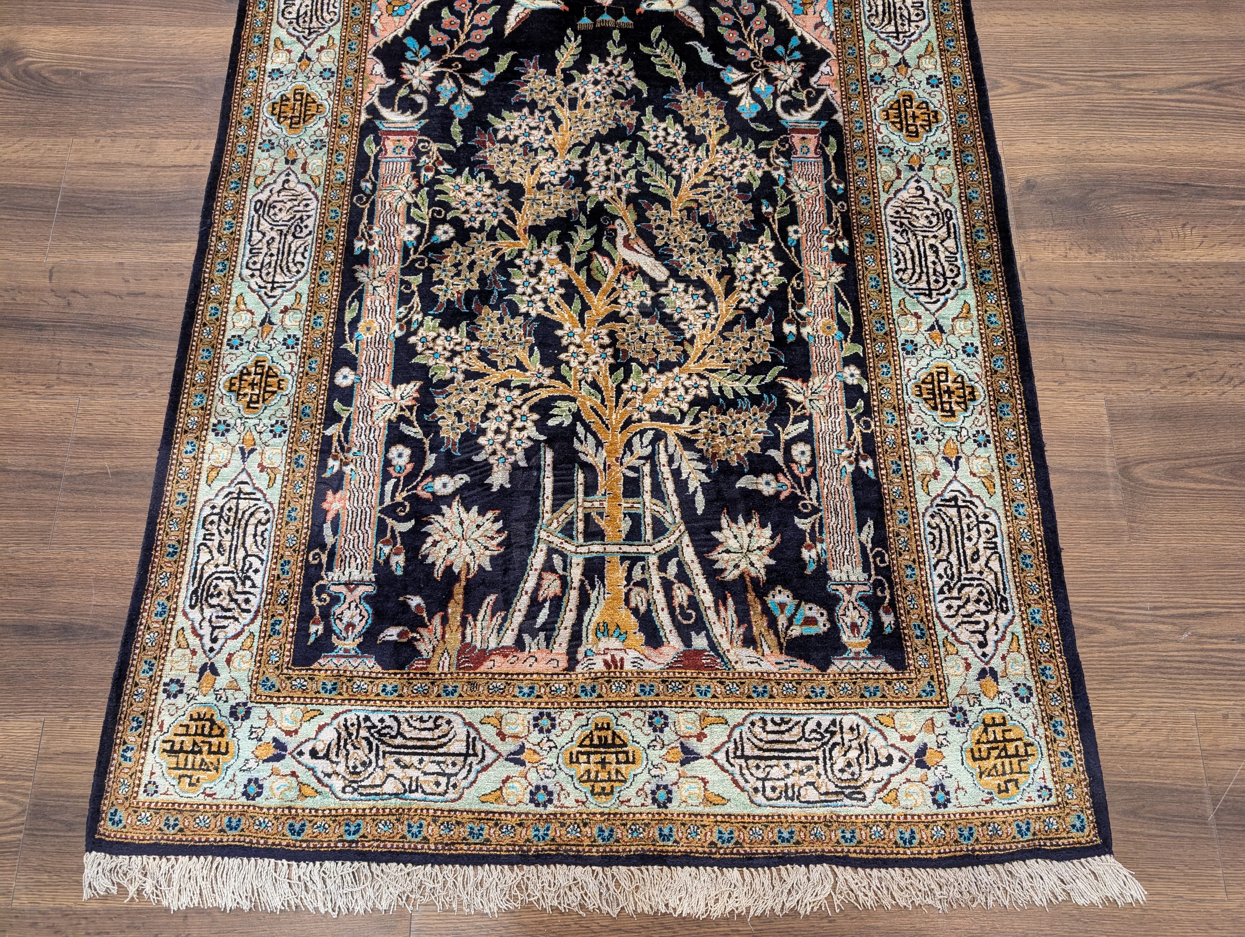Wonderful Silk Persian Rug 4x5, Tree of Life Carpet, Qum Rug, Prayer Rug, Bird Pictorials - Jewel Rugs