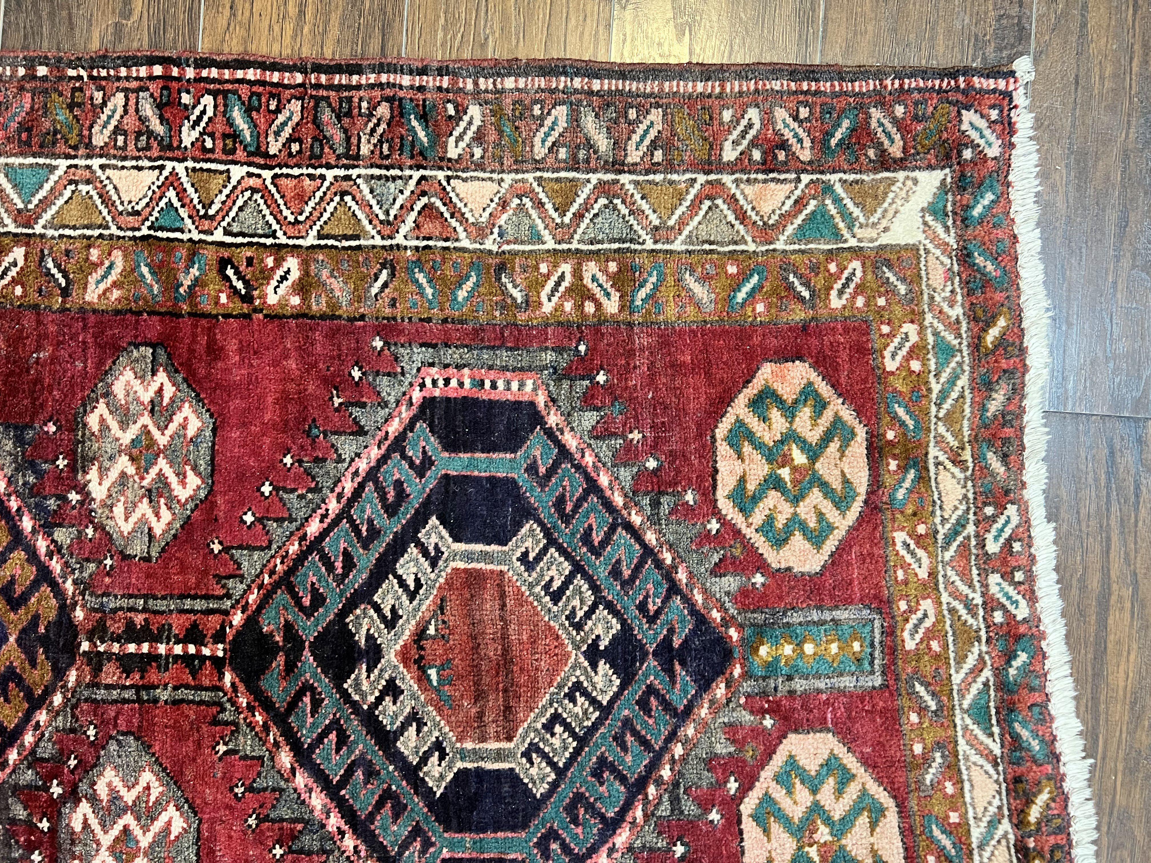 Persian Heriz Runner Rug 3.8 x 8.6, Geometric Design, Large Triple Medallions, Hand Knotted Handmade Vintage Wool Hallway Rug, Red - Jewel Rugs