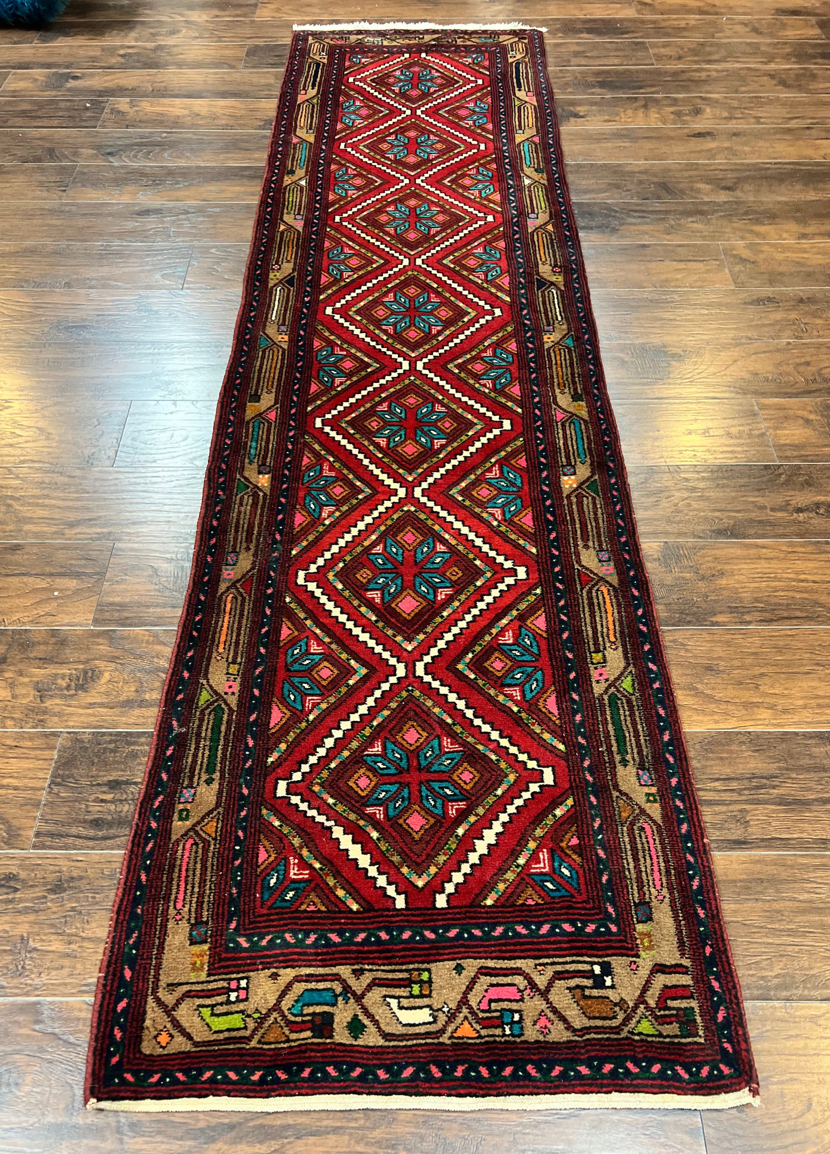 Persian Tribal Runner Rug 3x10, Red Camel Hair Navy Blue, Handmade Hand Knotted 10ft Wool Oriental Vintage Runner for Kitchen or Hallway, Persian Lilihan Hamadan Runner - Jewel Rugs