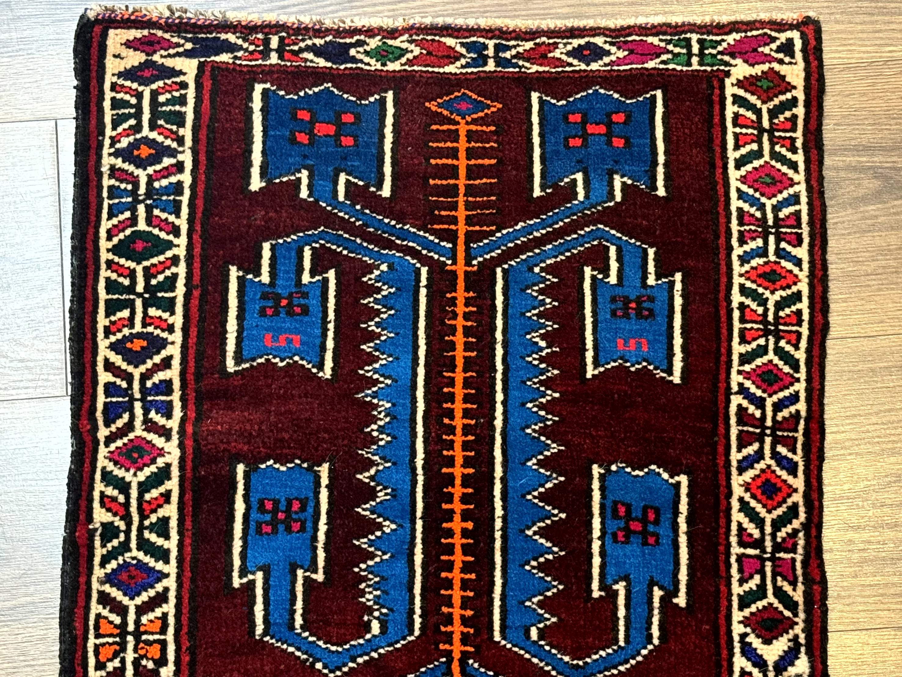 Persian Tribal Rug 1.8 x 2, Small Balouchi Rug, Unique Design, Burgundy and Blue - Jewel Rugs