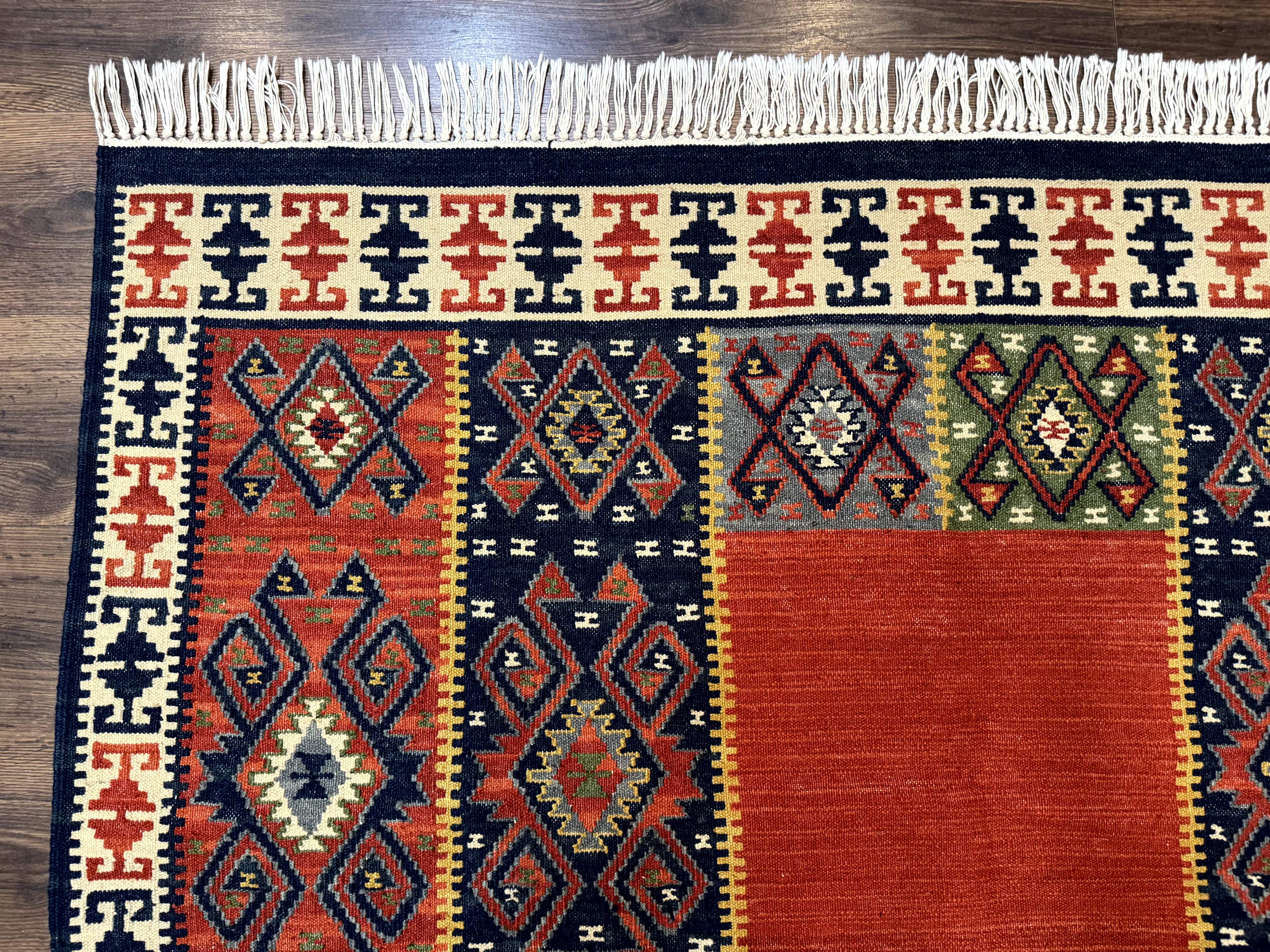 Turkish Kilim Rug 5x8, Flatweave Carpet, Handmade Bohemian Rug, Terracotta and Navy Blue - Jewel Rugs