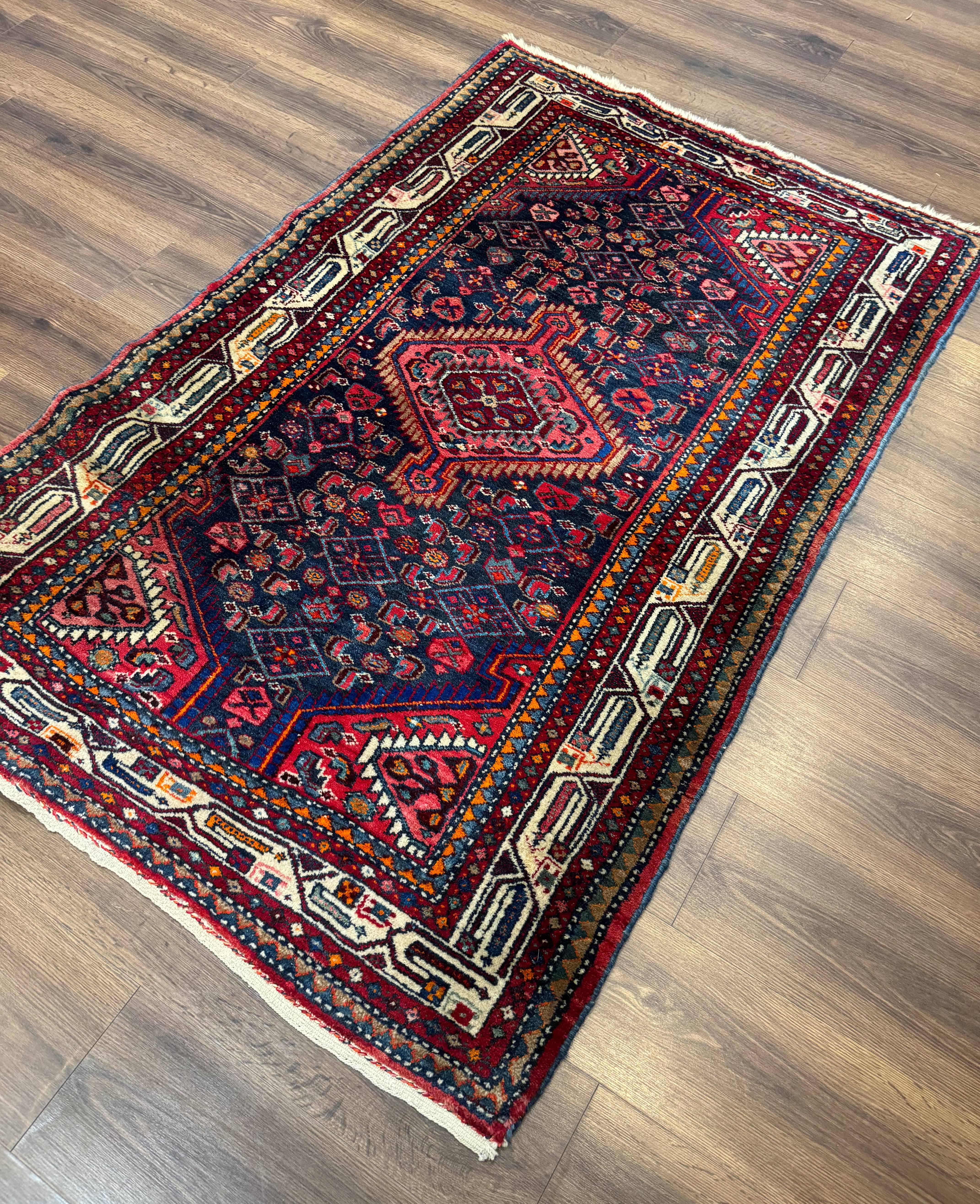 Antique Persian Hamadan Rug 4x6, Navy Blue, Village Tribal Rug - Jewel Rugs