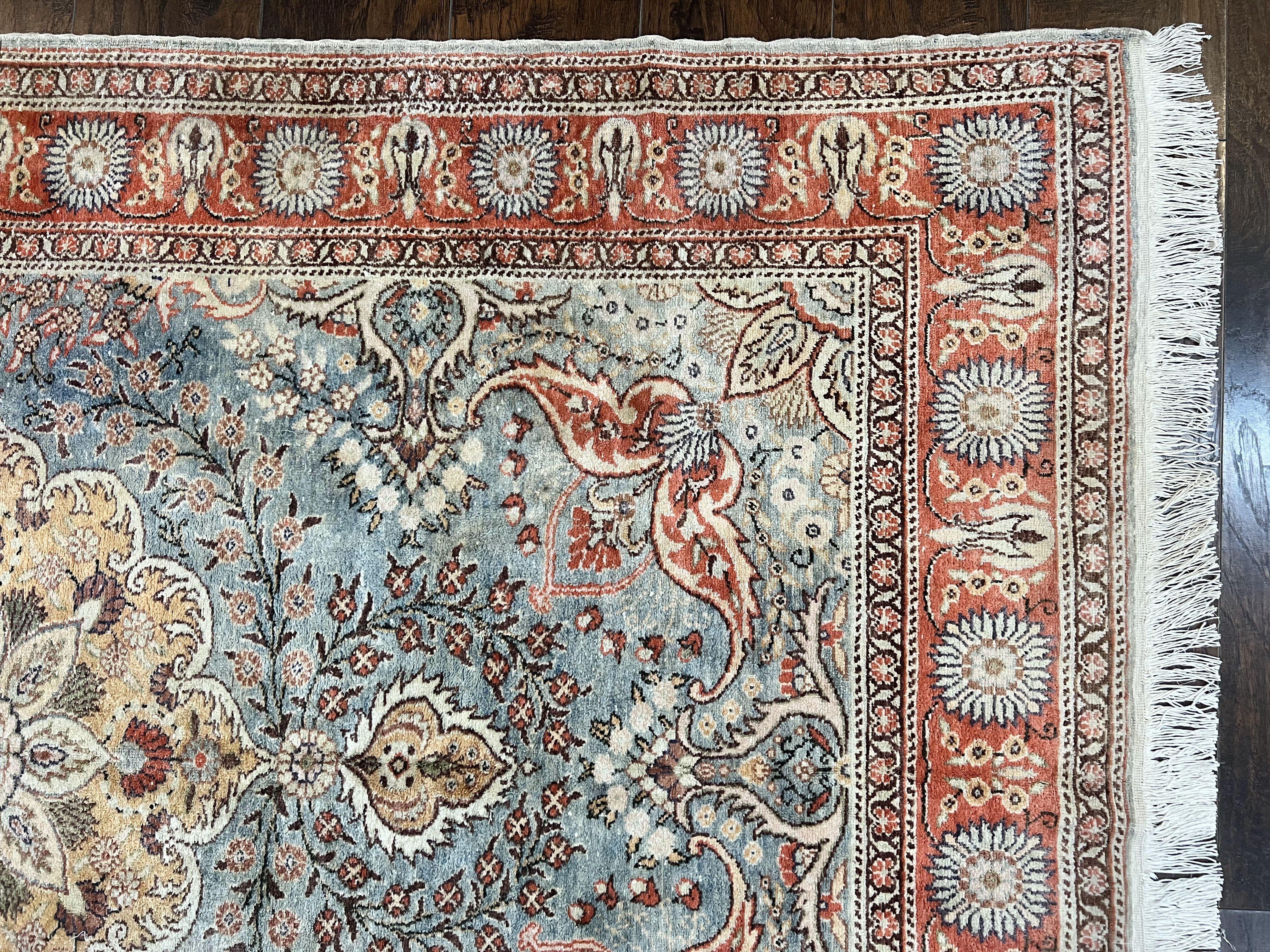 Silk Turkish Rug 5x7, Light Blue Silk Carpet, Floral Medallion, Turkish Kayseri Rug, Vintage Handmade Oriental Rug - Jewel Rugs