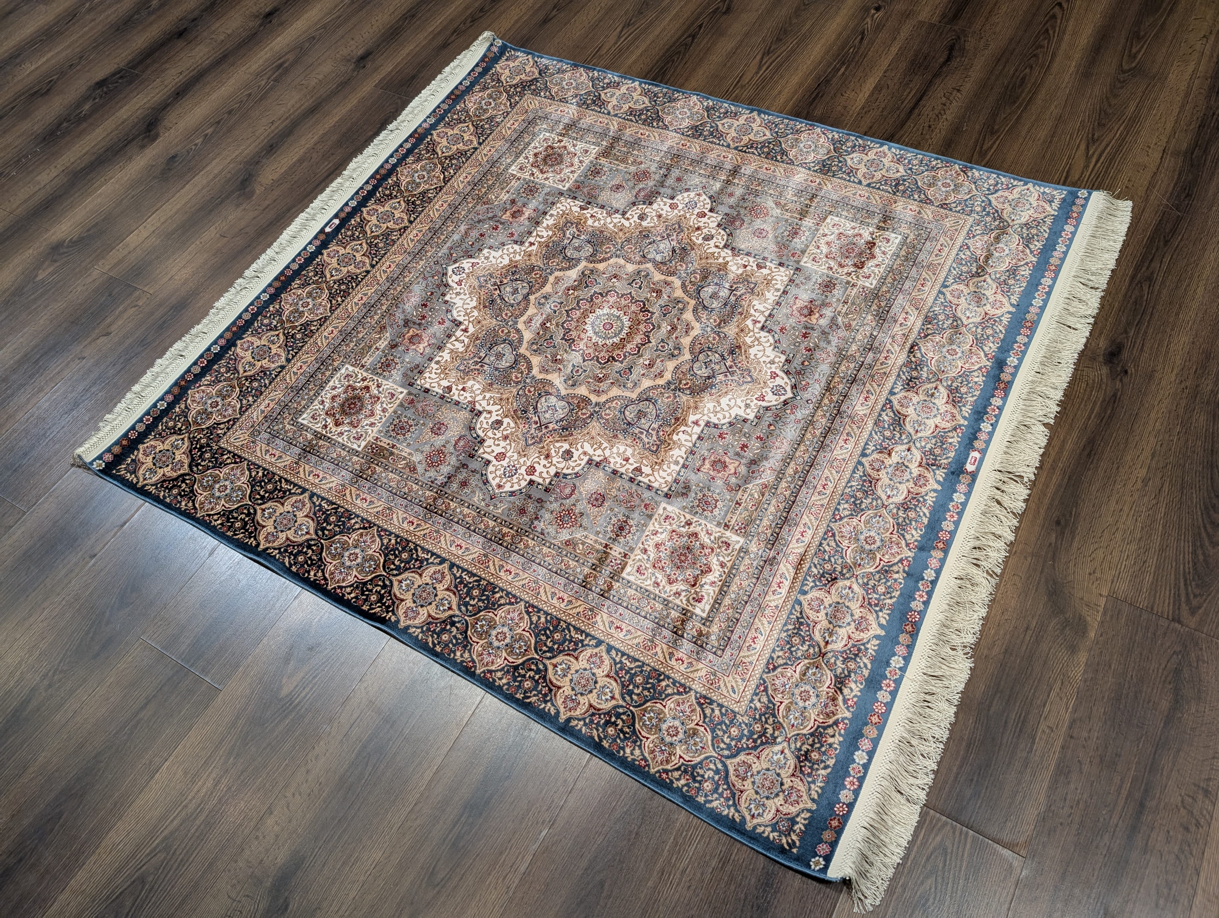 Square Turkish Silk Rug 5x5, Mamluk Design, Detailed, New, Bamboo Silk - Jewel Rugs