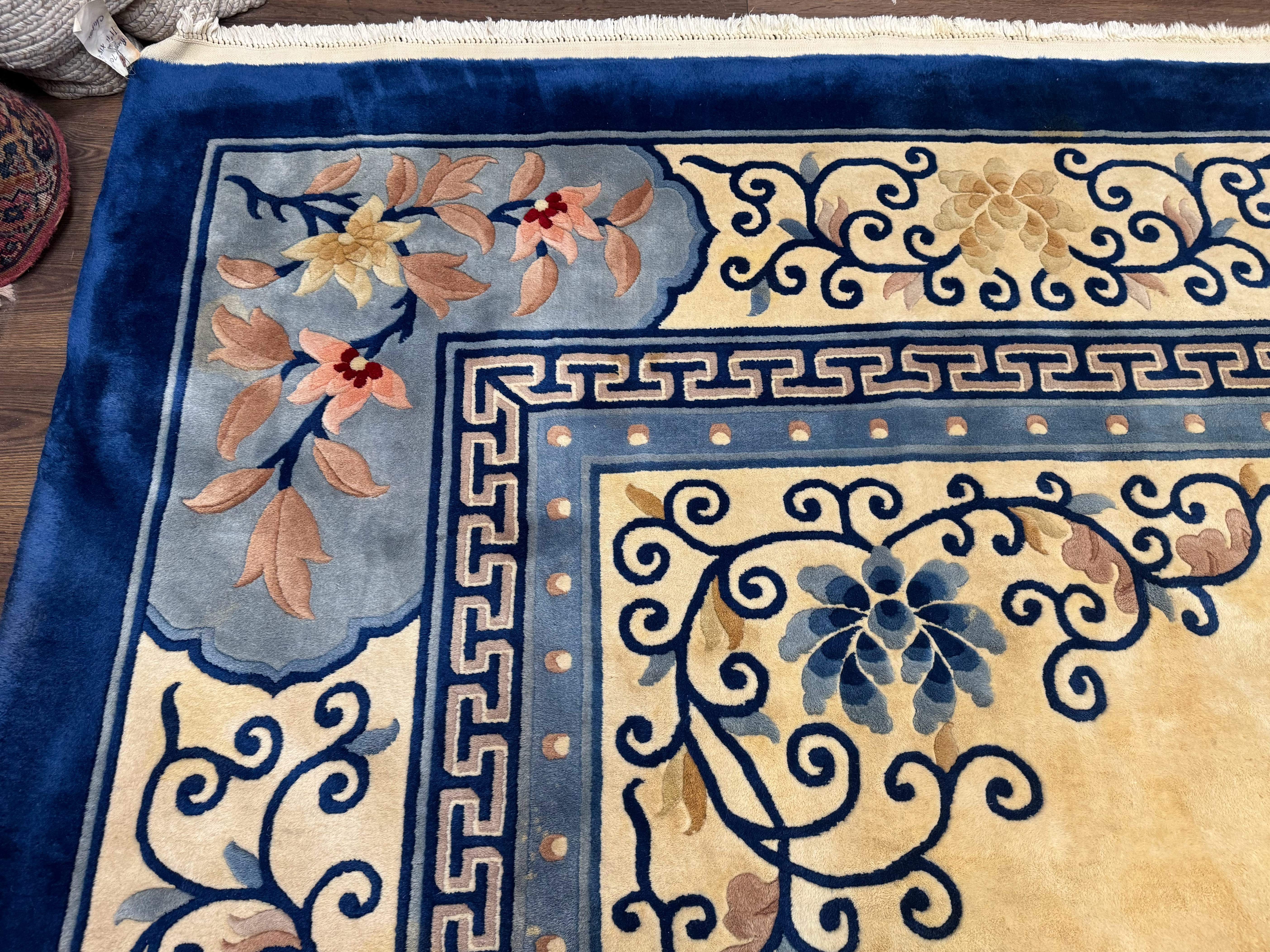 Palace Size Chinese Wool Rug 12x19 – Ivory and Blue, Dragons, Vintage Carpet - Jewel Rugs