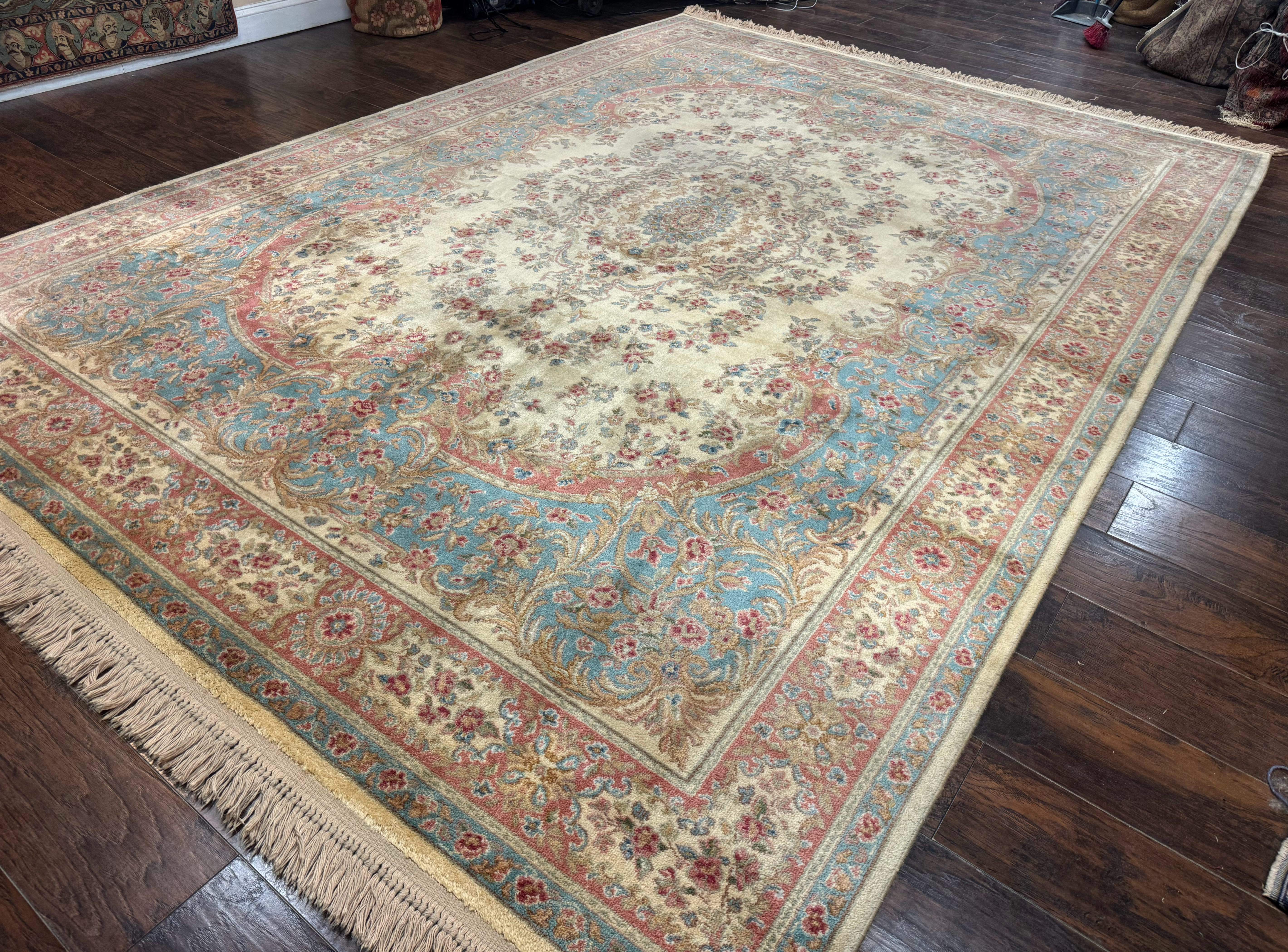 Karastan Rug 8.8 x 12, Ivory Medallion Kirman #700/711, Wool Pile, Vintage - Jewel Rugs