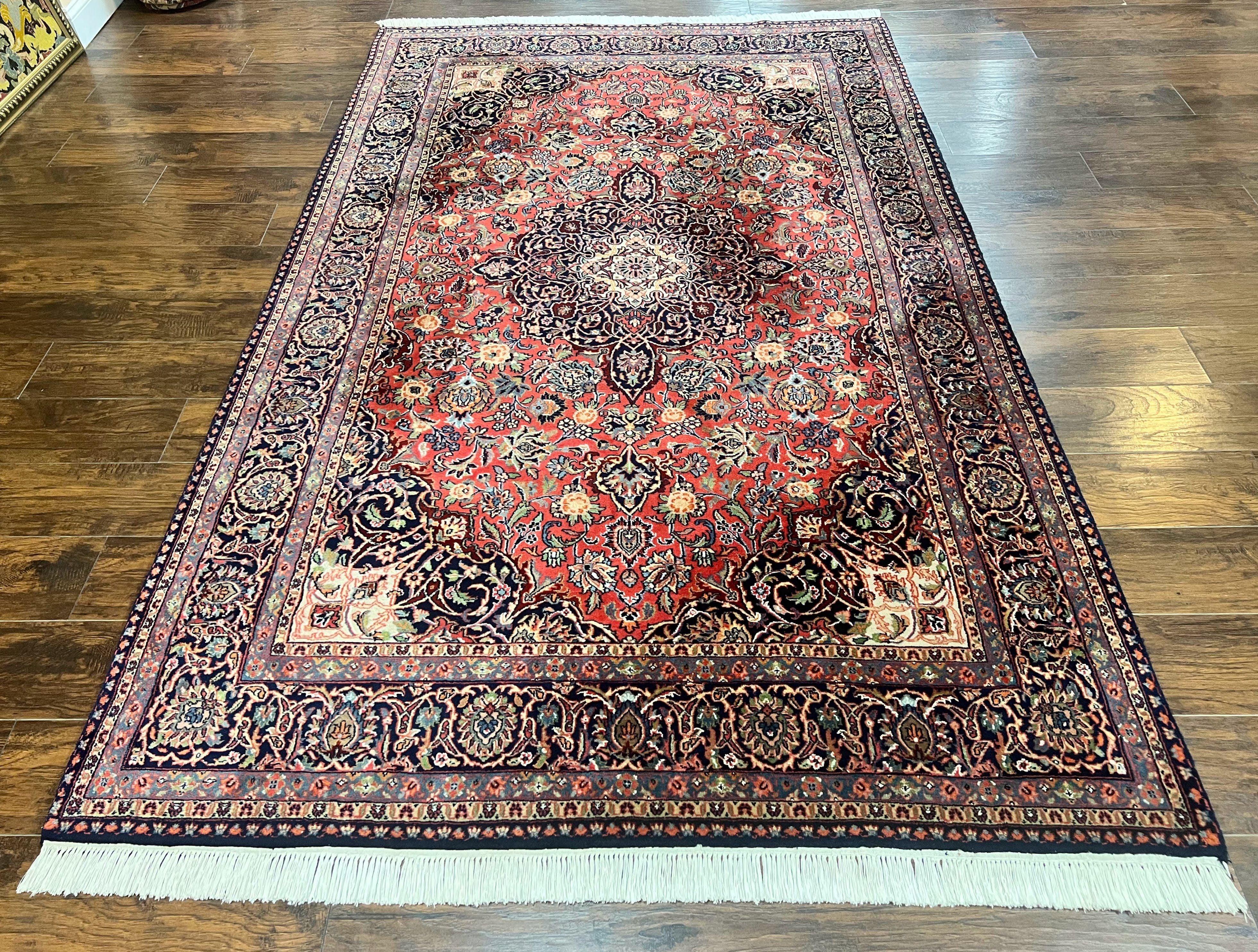 Persian Kashan Rug 6x9, Red and Dark Blue, Handmade Vintage Wool Carpet, Floral Medallion - Jewel Rugs