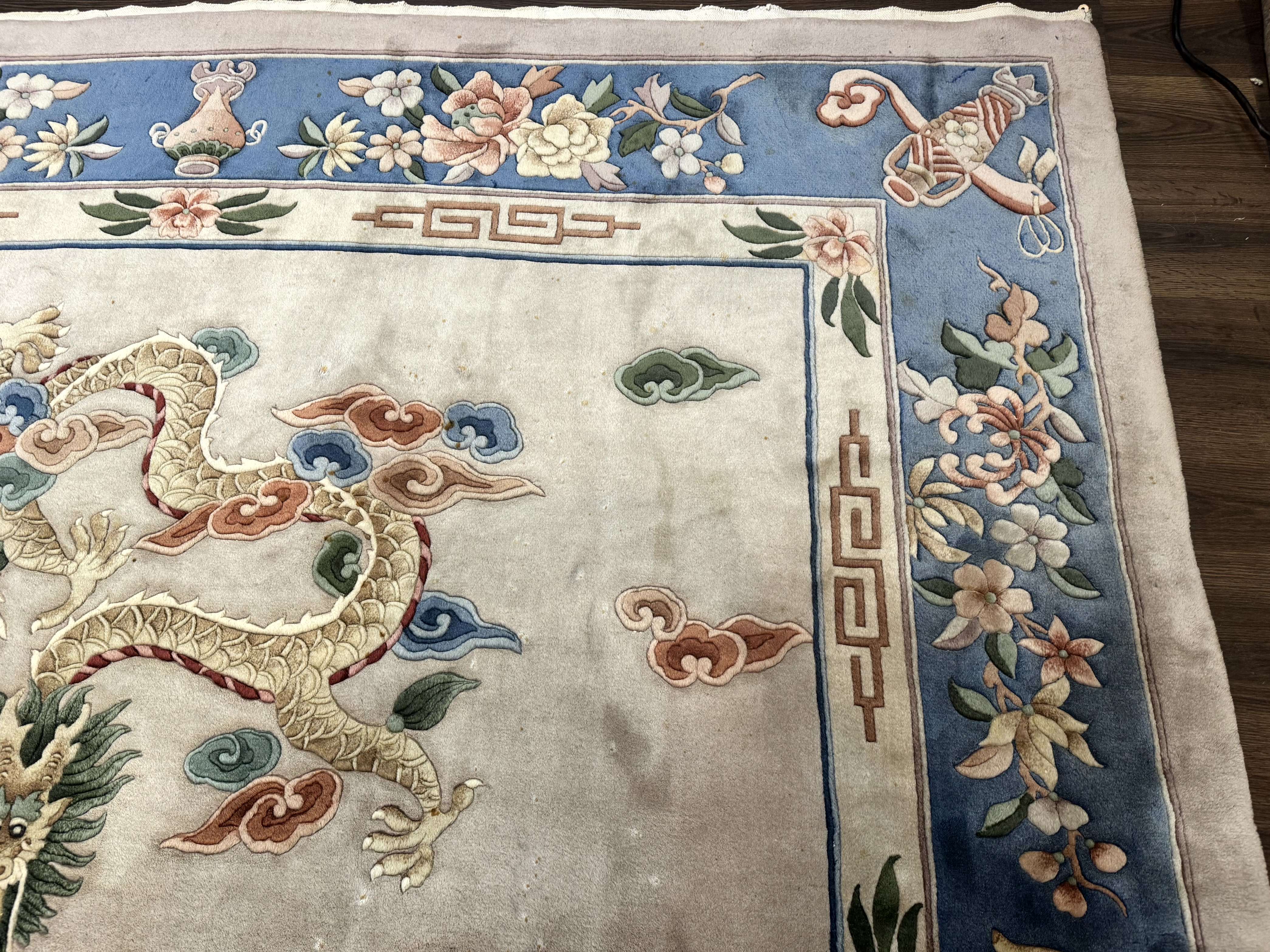 Chinese Wool Rug 9x12 with Dragons, Vintage Chinese 90 Line Carpet - Jewel Rugs