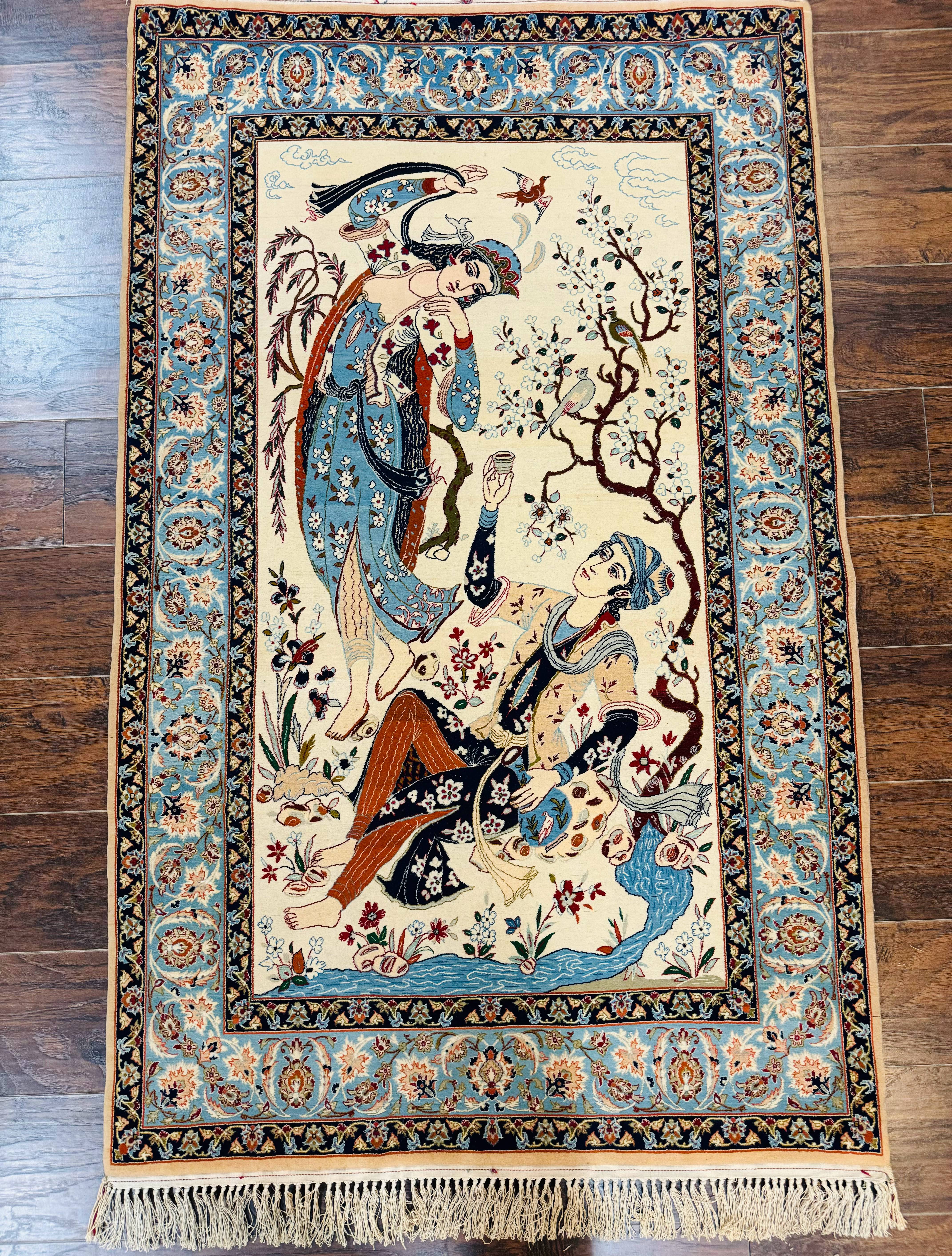 Persian Isfahan Pictorial Rug, Two Lovers, Kork Wool on Silk Foundation, Ivory and Light Blue, 500 KPSI Super Fine - Jewel Rugs