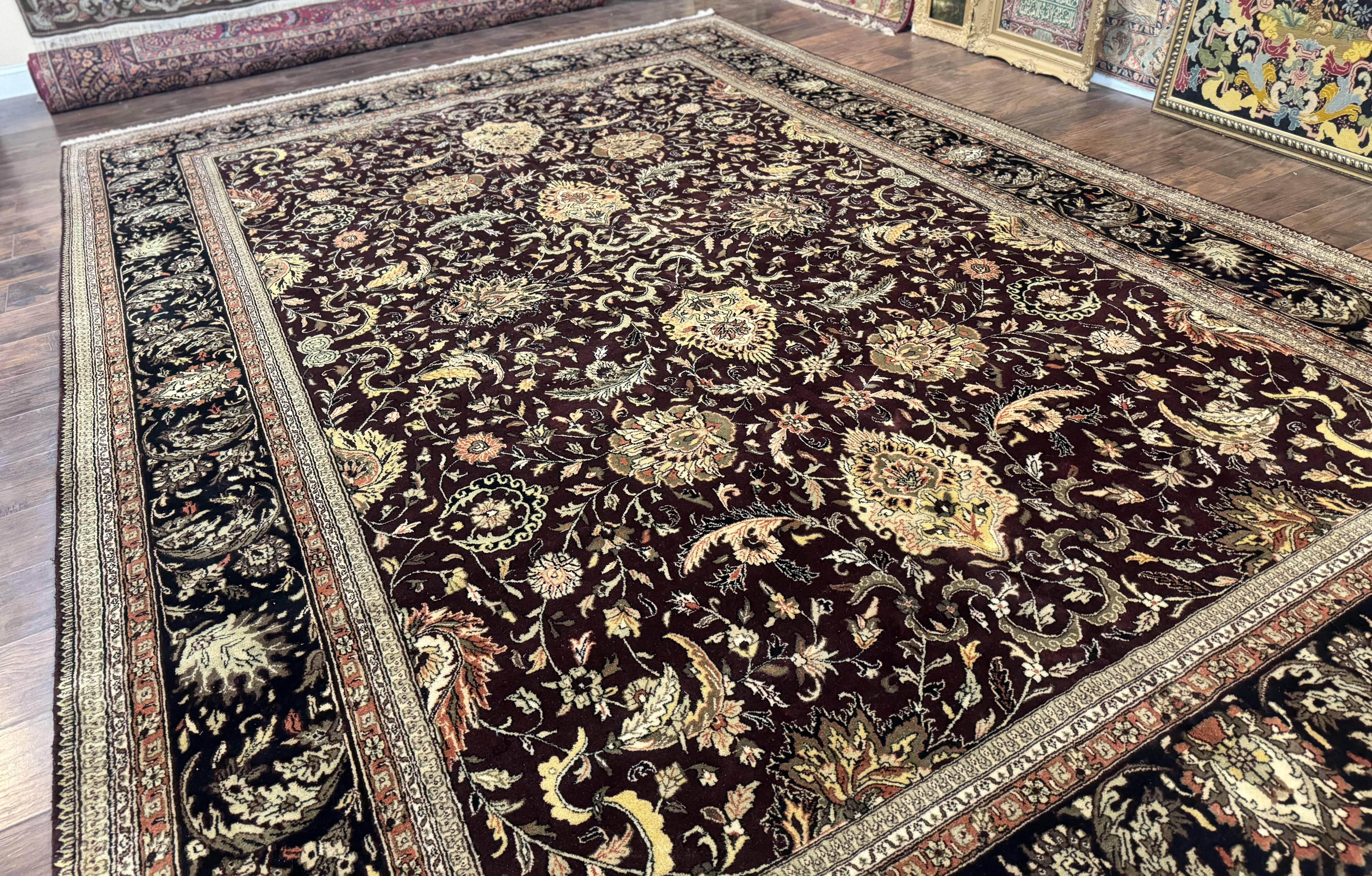 Indo Persian Rug 10x14, Floral Allover, Handmade Vintage Wool Rug, Dark Maroon/Plum and Black - Jewel Rugs