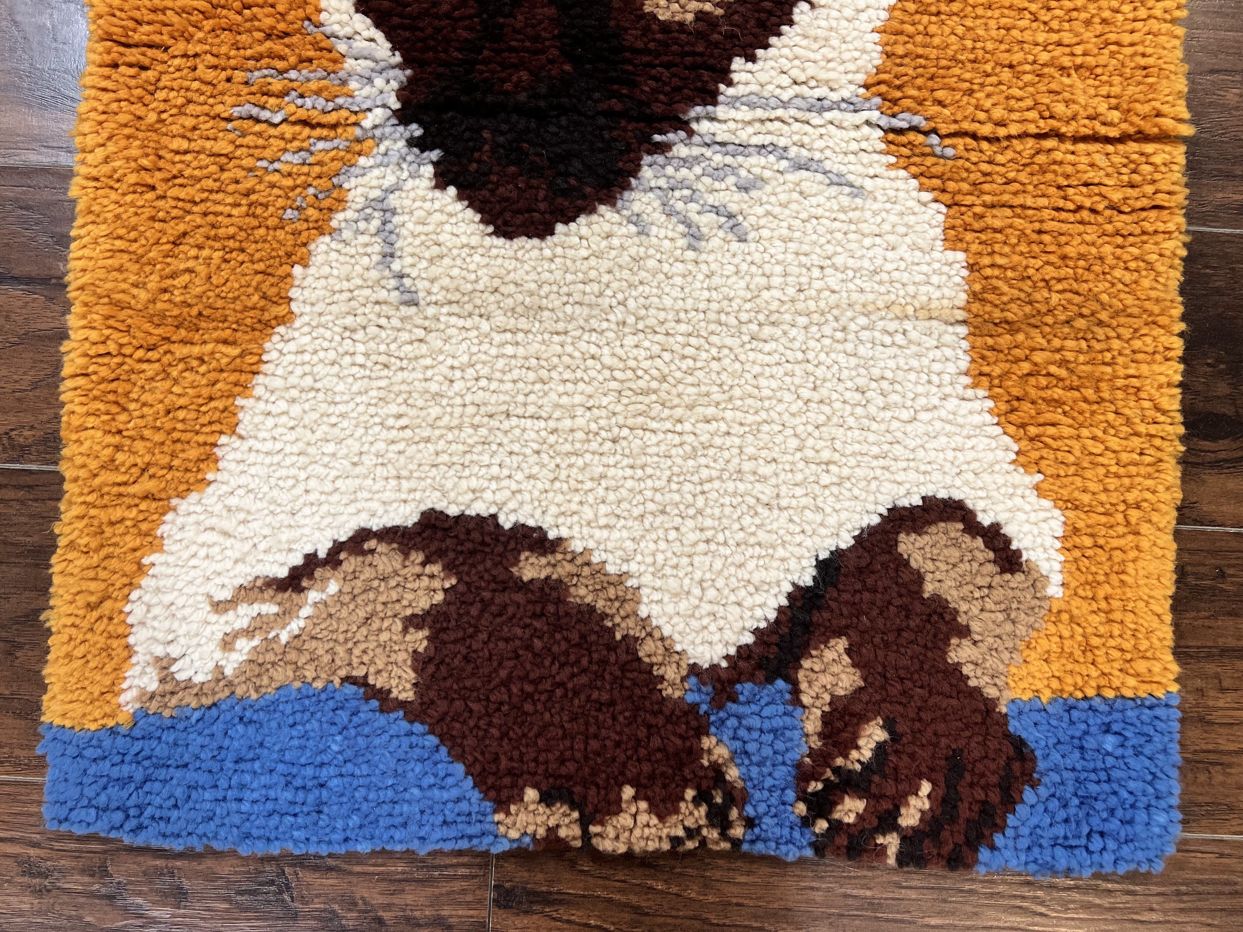 Small Shag Rug with Siamese Cat Pictorial, 2x3 ft Rug, Wool, Vintage, Danish Rya Shag Rug, Orange - Jewel Rugs