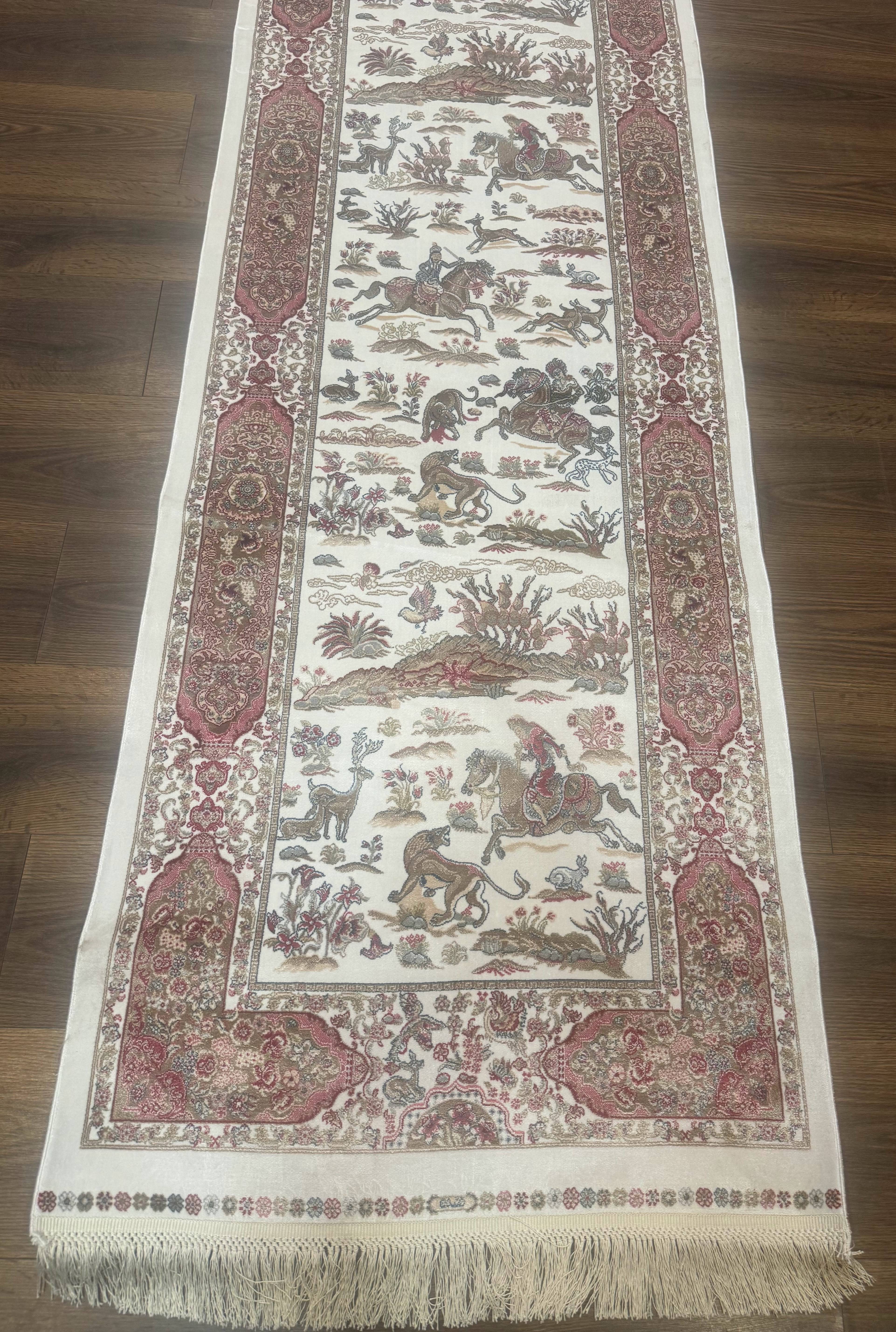 Long Turkish Silk Runner Rug 2.6 x 16.5, Hunting Design, Ivory, Bamboo Silk, New - Jewel Rugs