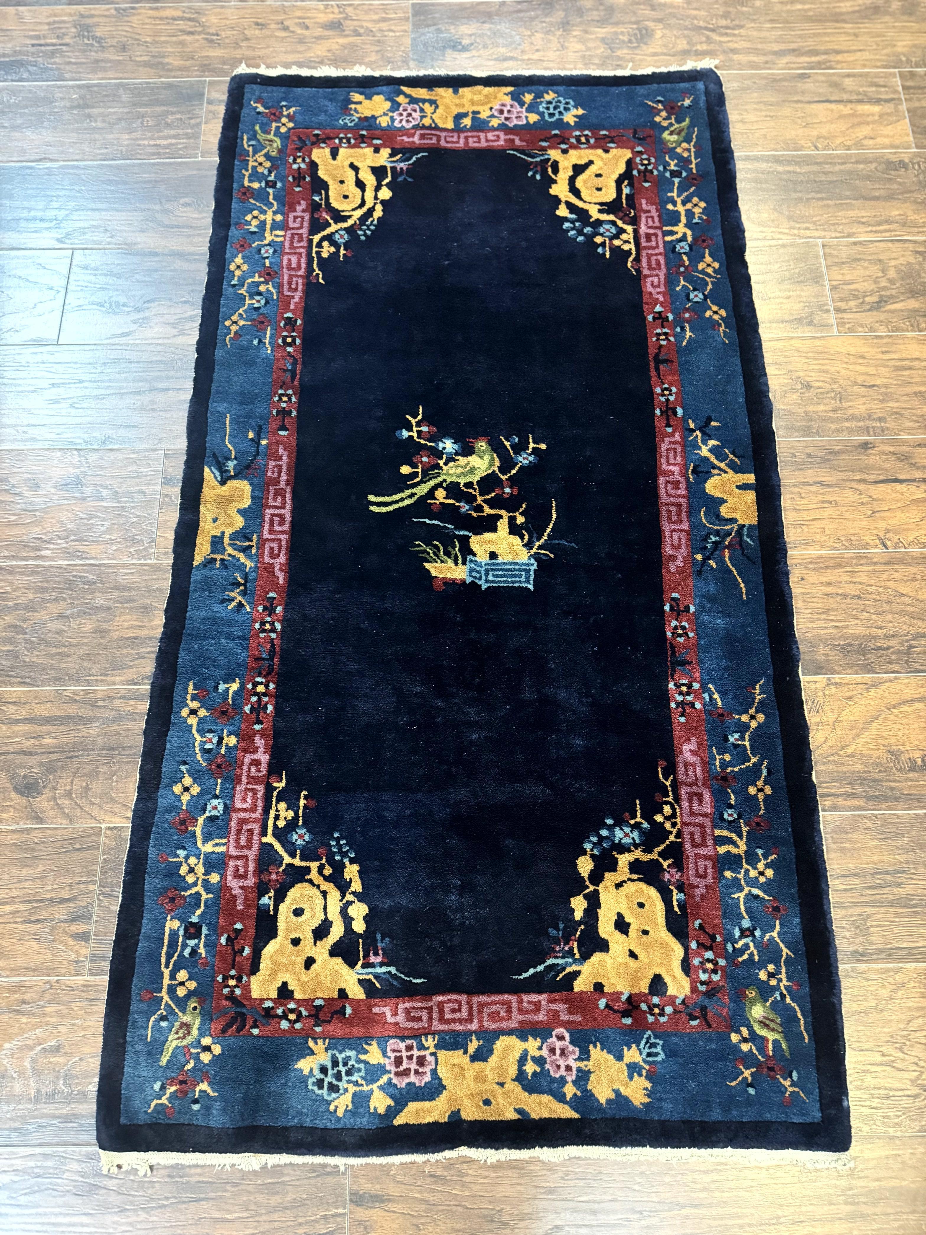 Antique Chinese Peking Rug 3x6, Dark Blue, Bird Motif, Handmade Wool Art Deco Asian Oriental Carpet, Pair A - Jewel Rugs