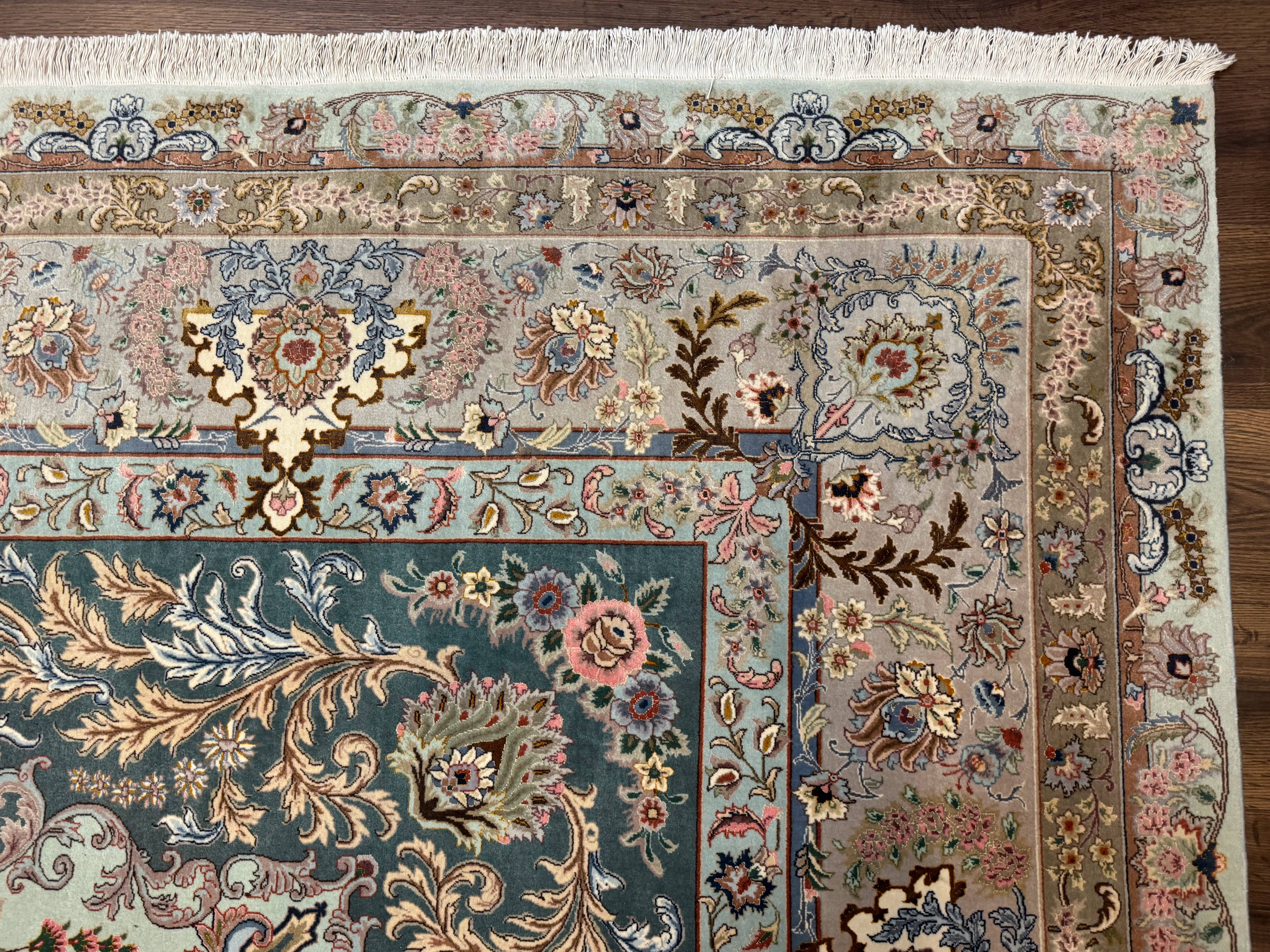 Marvelous Persian Tabriz Rug 10x13, Very Fine 380 KPSI, Mint Green Pink, Floral - Jewel Rugs