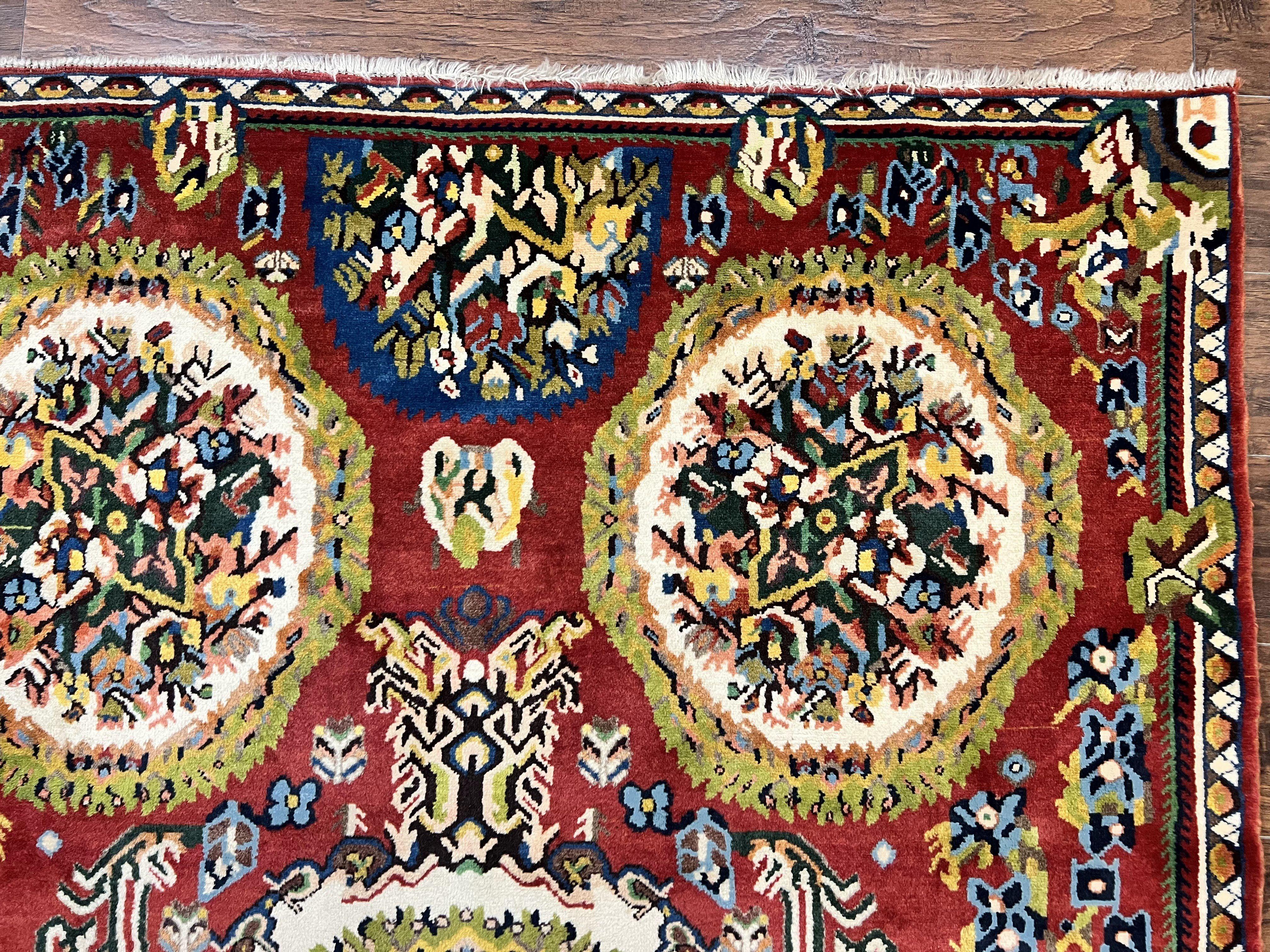 Persian Bakhtiari Rug 5x8, Wool Hand Knotted Antique Carpet, Red, Floral Oriental Rug, 5 x 8 Medium Sized Rug - Jewel Rugs