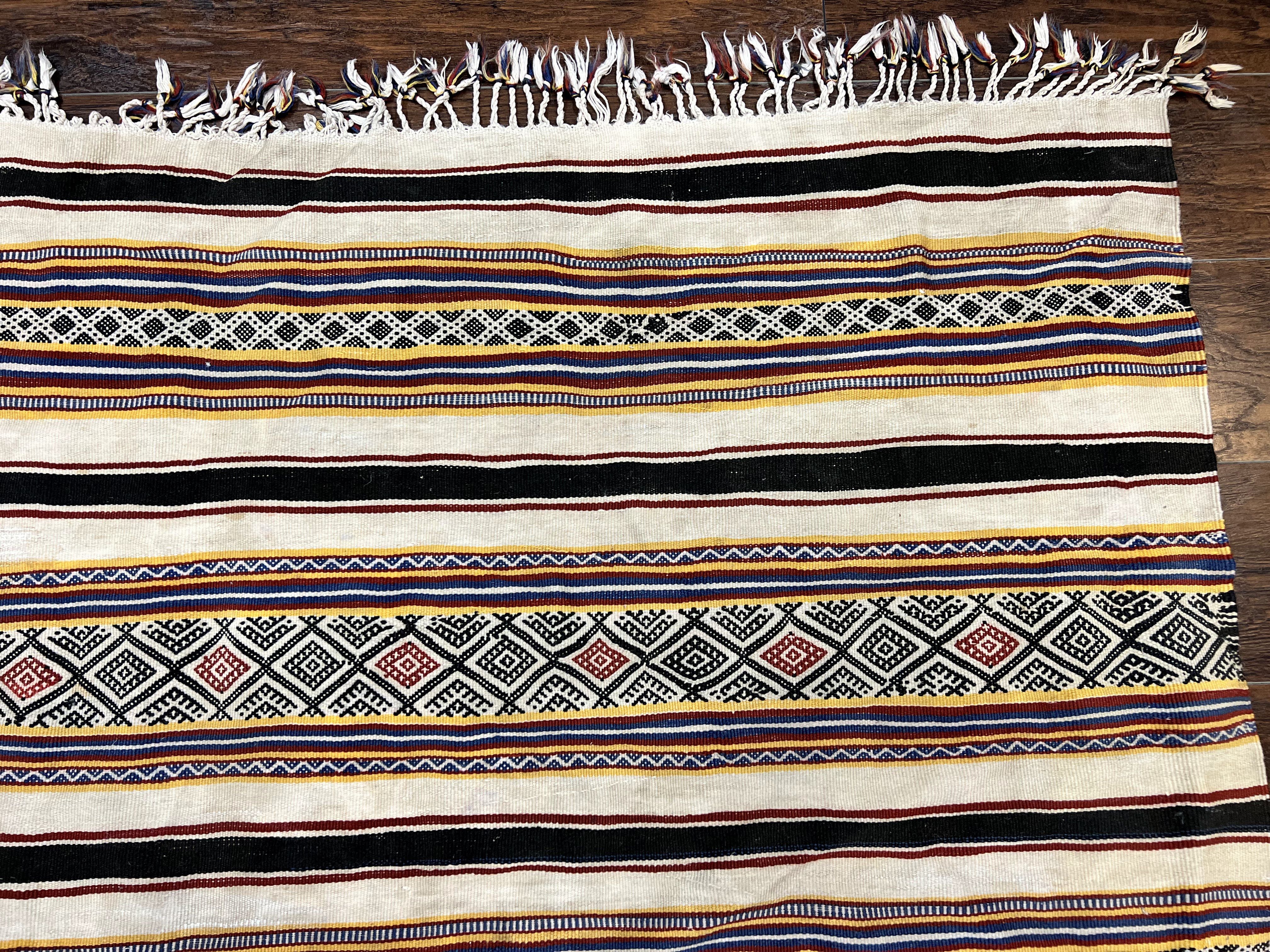 South American Kilim Rug 4x7 ft, Wool Handmade Vintage Carpet, Ivory Black Multicolor Stripes, Bohemian Blanket Rug, Flatweave Area Rug - Jewel Rugs