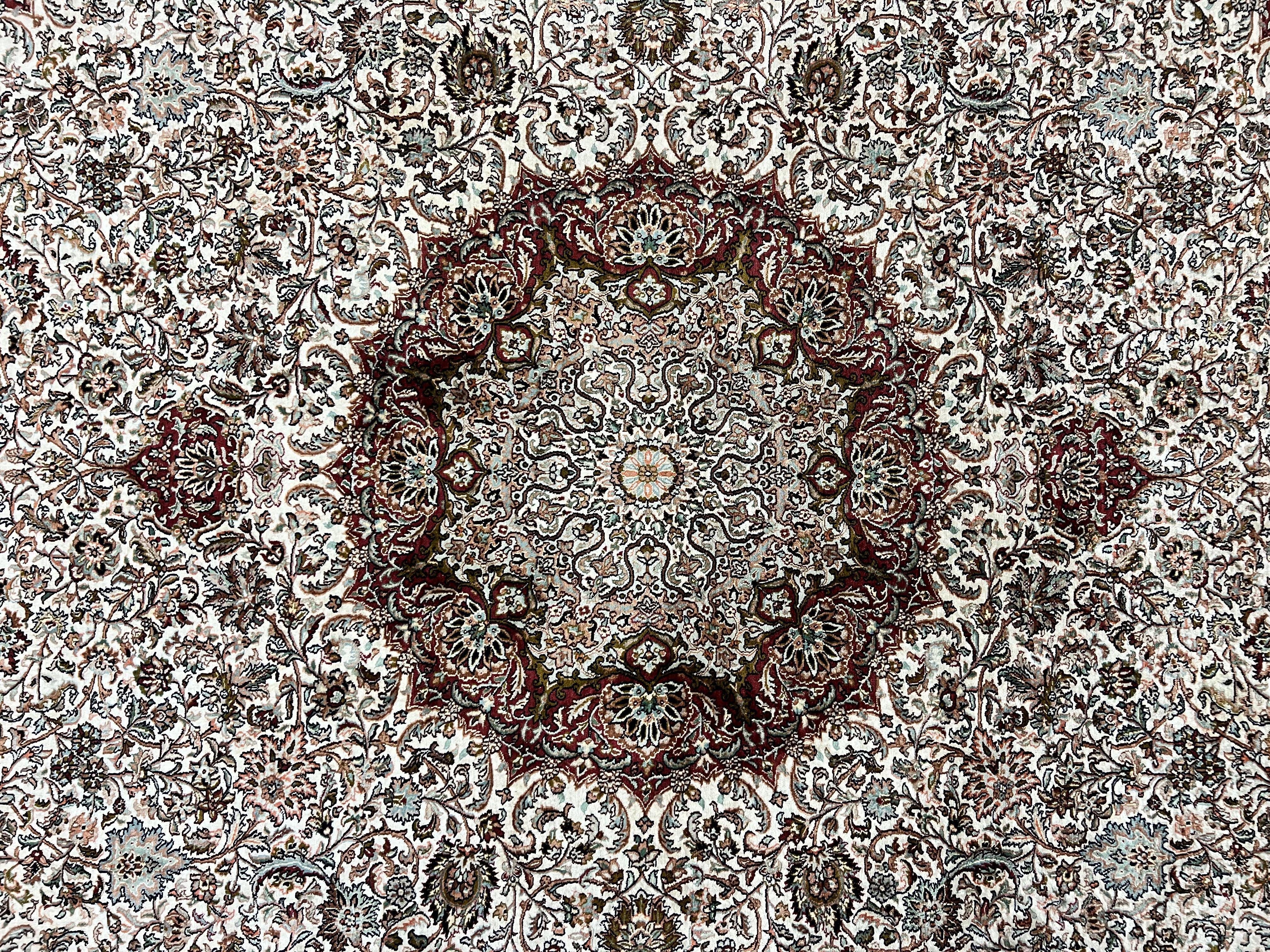 Silk Indian Kashmiri Rug 9 x 11 ft, Room Sized Silk Vintage Indo Persian Handmade Hand Knotted Fine Oriental Carpet, Ivory and Maroon - Jewel Rugs