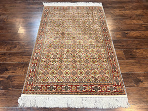 Turkish Kayseri Silk Rug 4x6, Hand Knotted Handmade Vintage Allover Pattern, Fine Silk Oriental Carpet 4 x 6 ft, Traditional Rug, Cream
