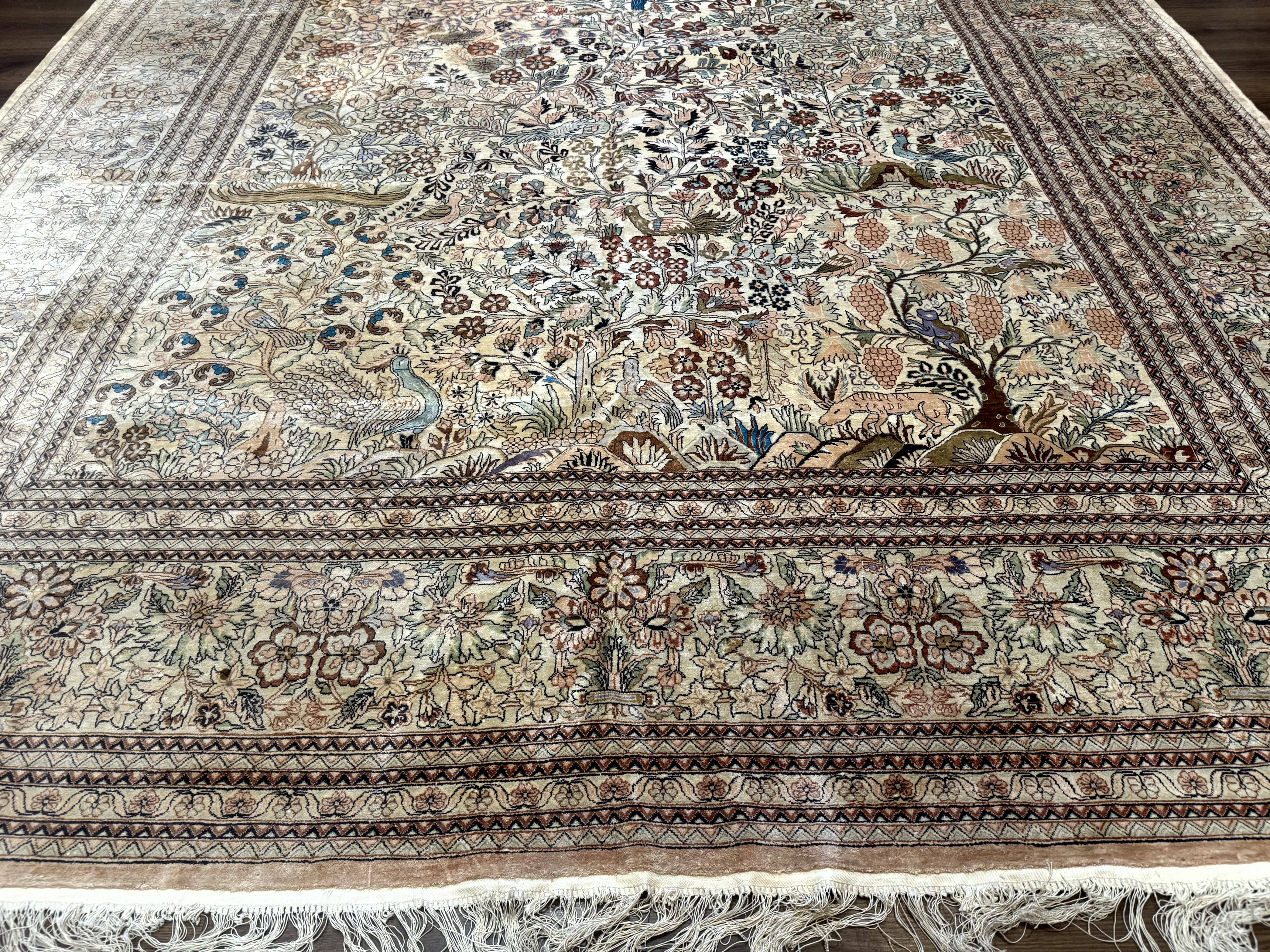 Indian Kashmiri Rug 9x14 Tree of Life Silk on Silk Animal Pictorials - Jewel Rugs