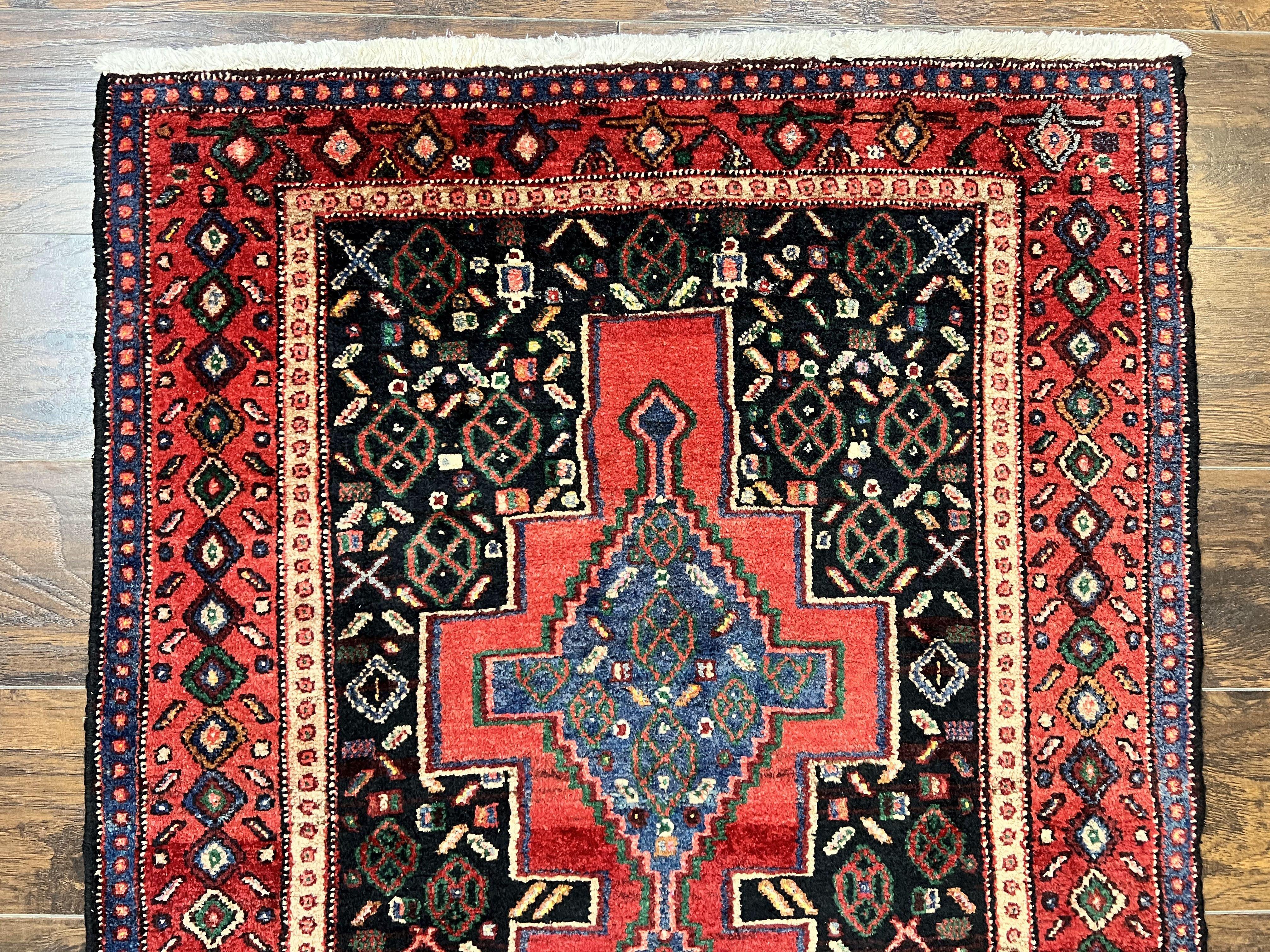 Persian Kurdish Senneh Runner Rug 3x9, Red Navy Blue, Medallions Wool Tribal Runner for Kitchen/Hallway 9ft Antique Handmade Oriental Runner - Jewel Rugs