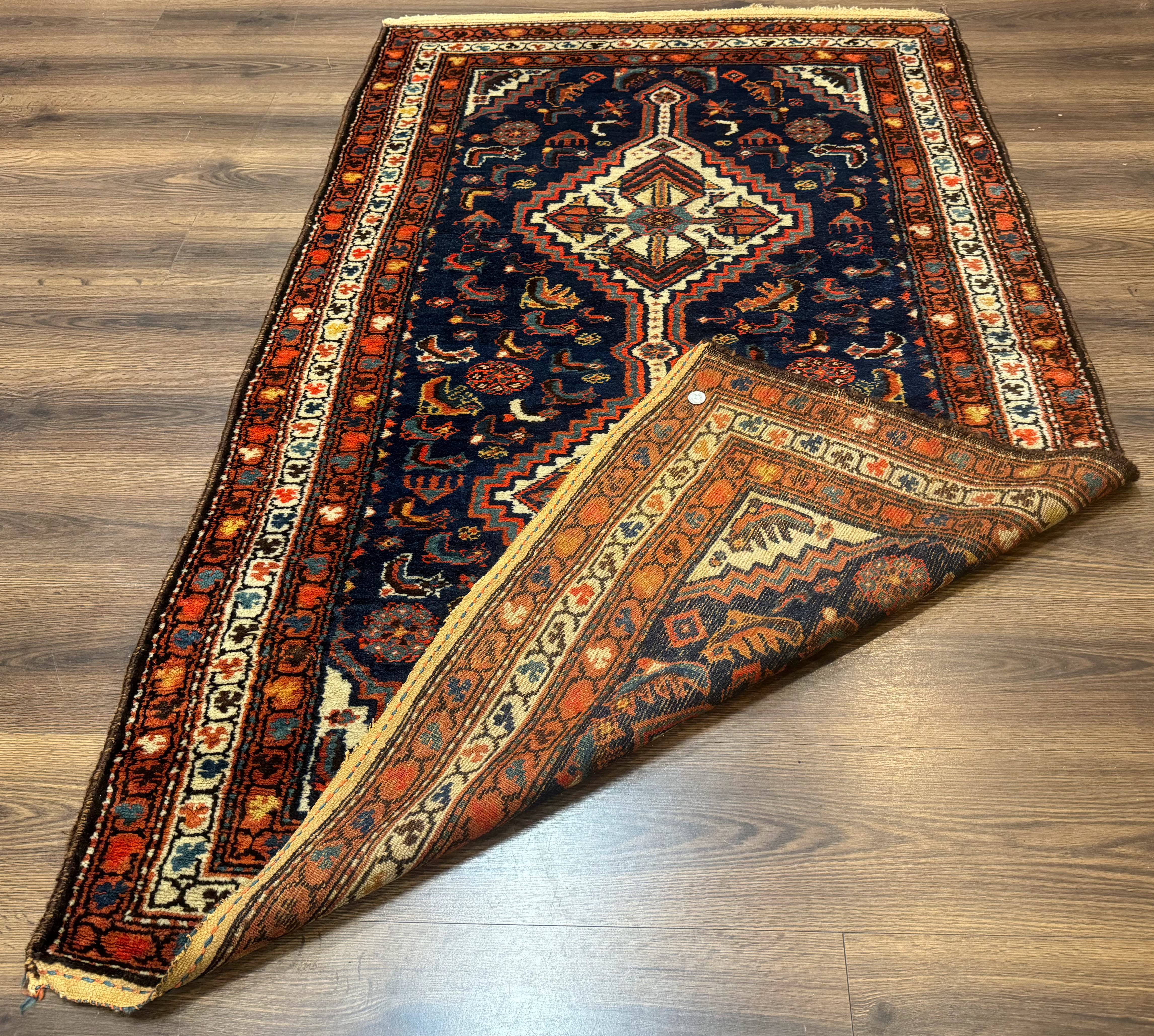 Antique Persian Hamadan Rug 4x6, Geometric, Double Medallions, Navy Blue, Tribal Carpet - Jewel Rugs