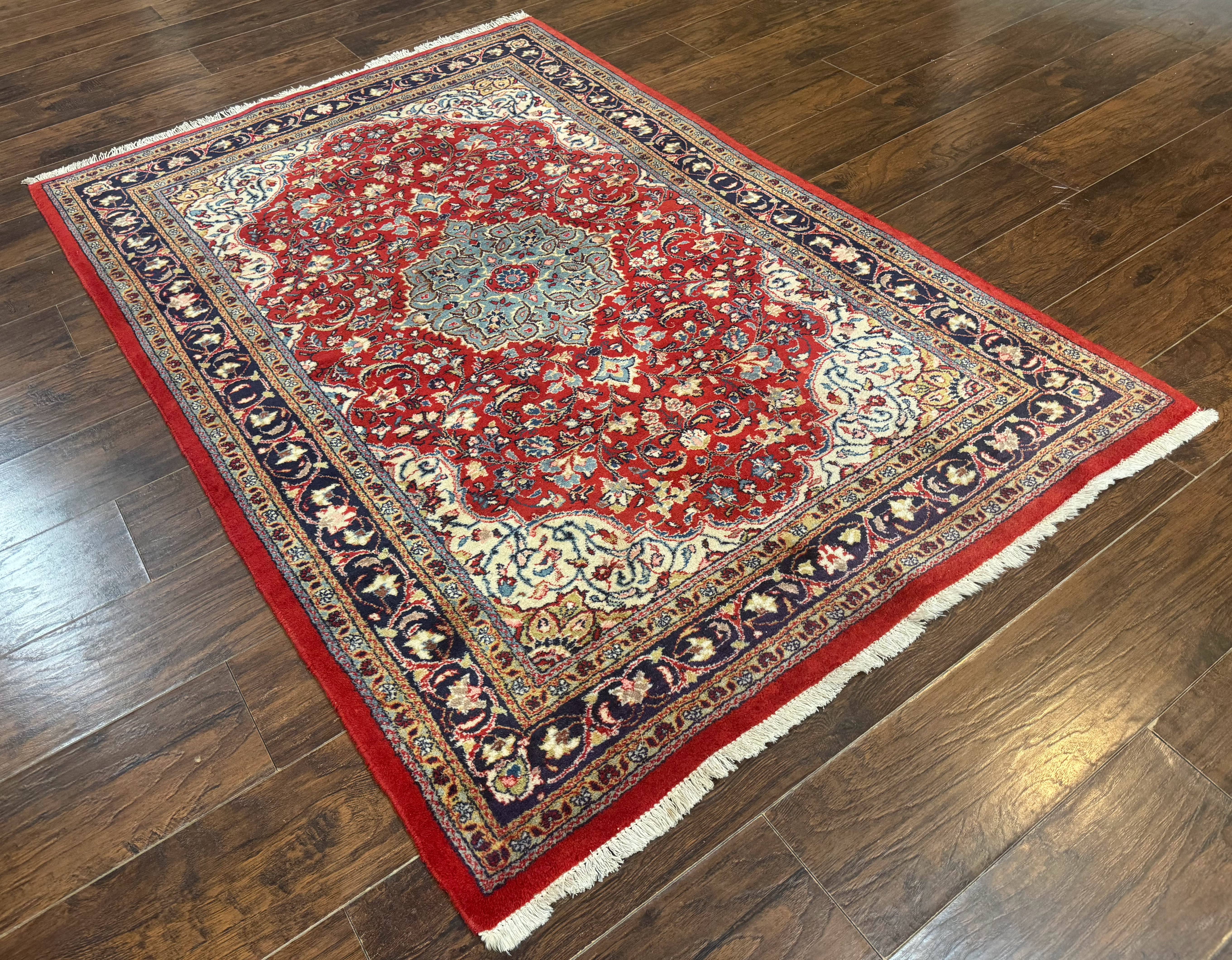 Persian Sarouk Rug 4x7, Red Navy Blue Vintage Wool Medallion Carpet - Jewel Rugs